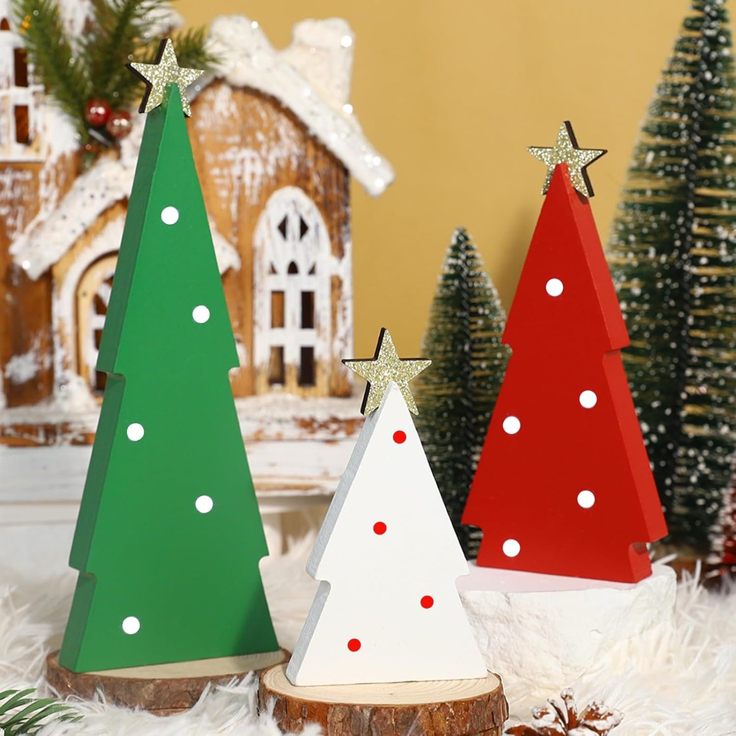 Christmas Decorations Indoor, 3PCS Christmas Trees Decorations Table Shelf Decor Wooden Sign Centerpieces with Glitter Star for Home Office Mantel Tabletop Fireplace Party Decor
