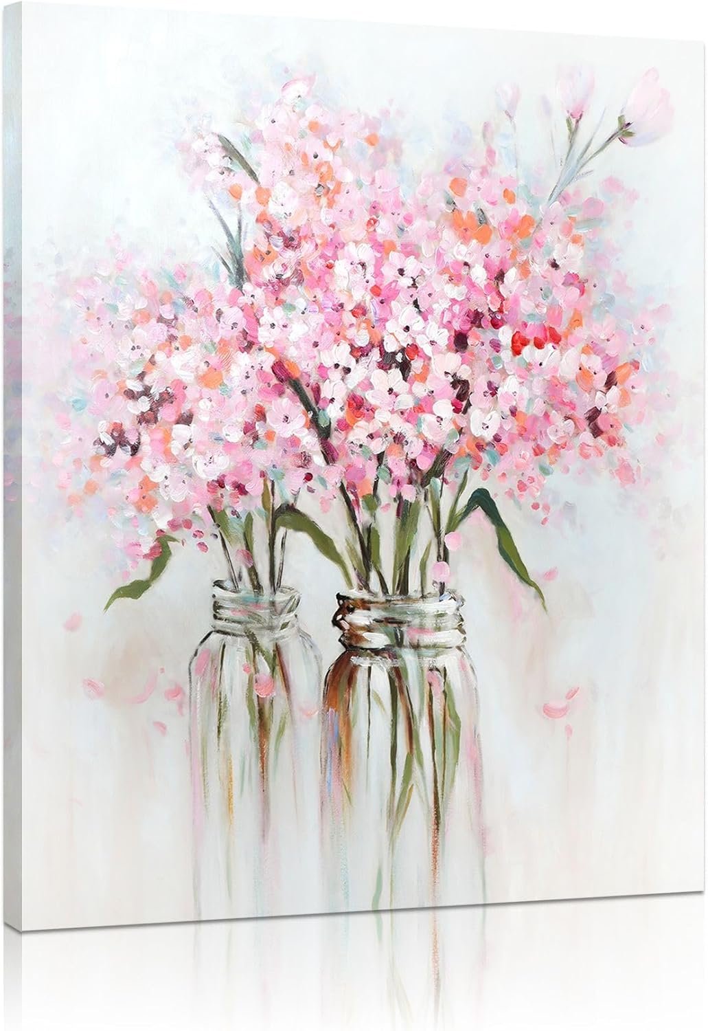 YPY Pink Flowers Canvas Wall Art: Abstract Bouquet in Vase Artwork Prints for Teen Girl Bedroom Pink Floral Picture Poster Bathroom Decor 12″ x 15″
