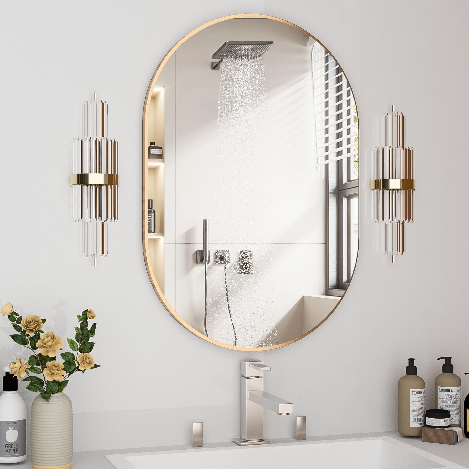 Oval Bathroom Mirror Capsule Wall Vanity Mirror, 20″x30″ Pill Mirrors Wall Mounted Mirror, Large Modern Mirror with Gold Metal Frame, Decor for Entryway, Bedroom, Living Room
