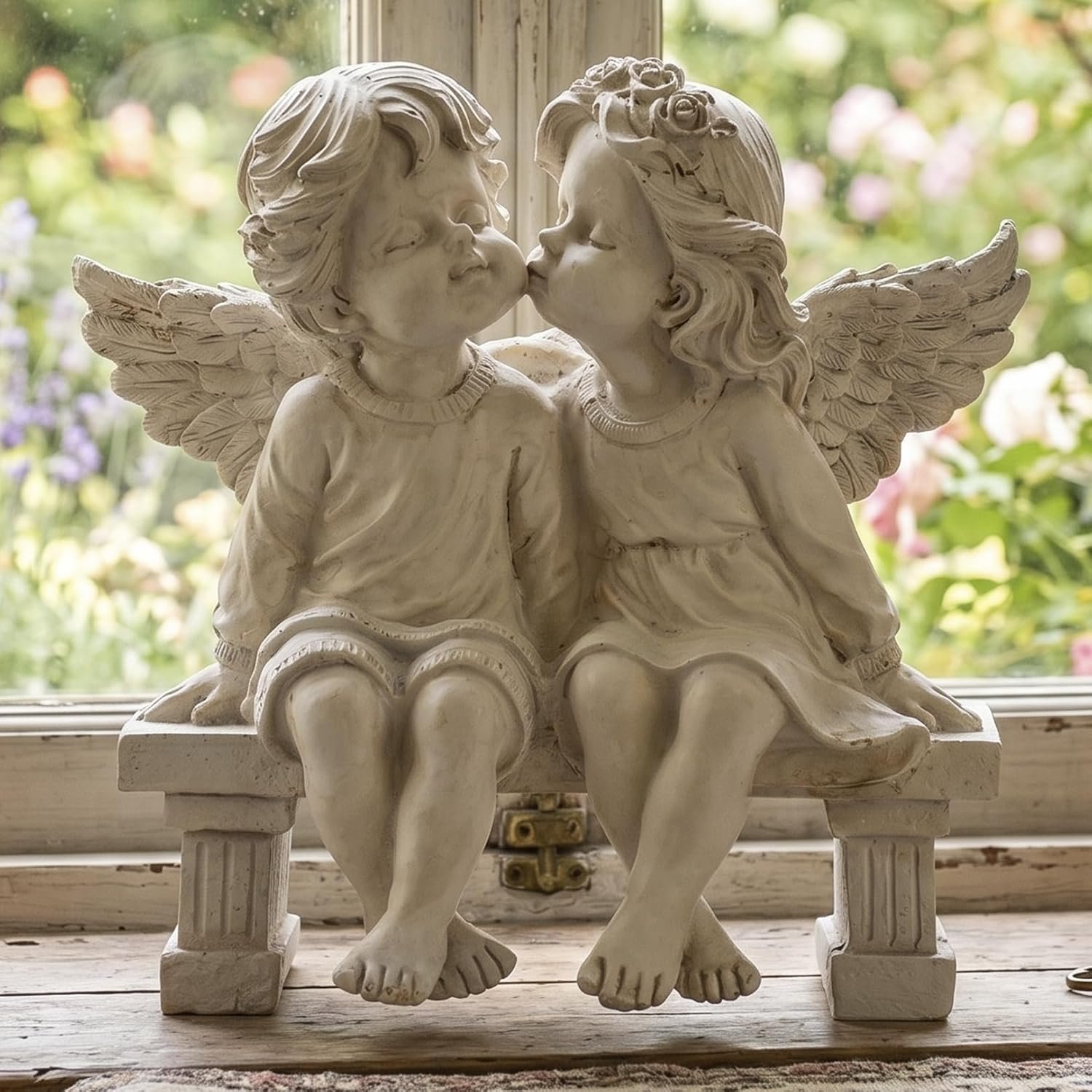 Elenon Kissing Angel Statue, Memorial Sympathy Gift, Resin Angel Couple Figurine, Romantic Love Sculpture for Garden Outdoor Yard Home Decor
