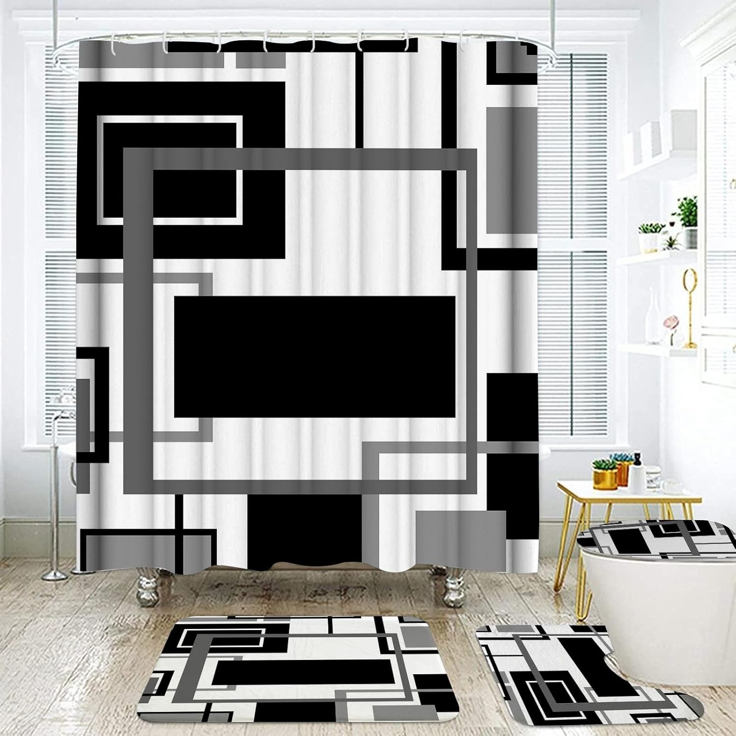 Onalasyc 4Pcs Black Geometric Shower Curtain with Rugs Set Waterproof Black Bathroom Sets with Shower Curtain and Rugs Abstract Geometric Modern Bathroom Curtains Shower Set with 12 pcs Hooks