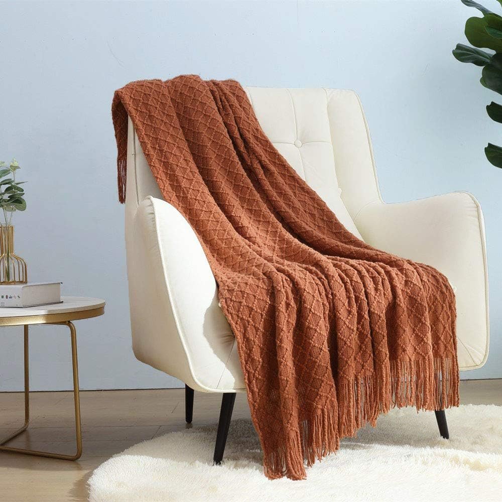 CREVENT Home Farmhouse Decor Rustic Couch Sofa Chair Bed Throw Blanket, Soft Warm Light Weight for Travelling in Spring Summer (50”X60” Caramel/Rust/Burnt Orange)