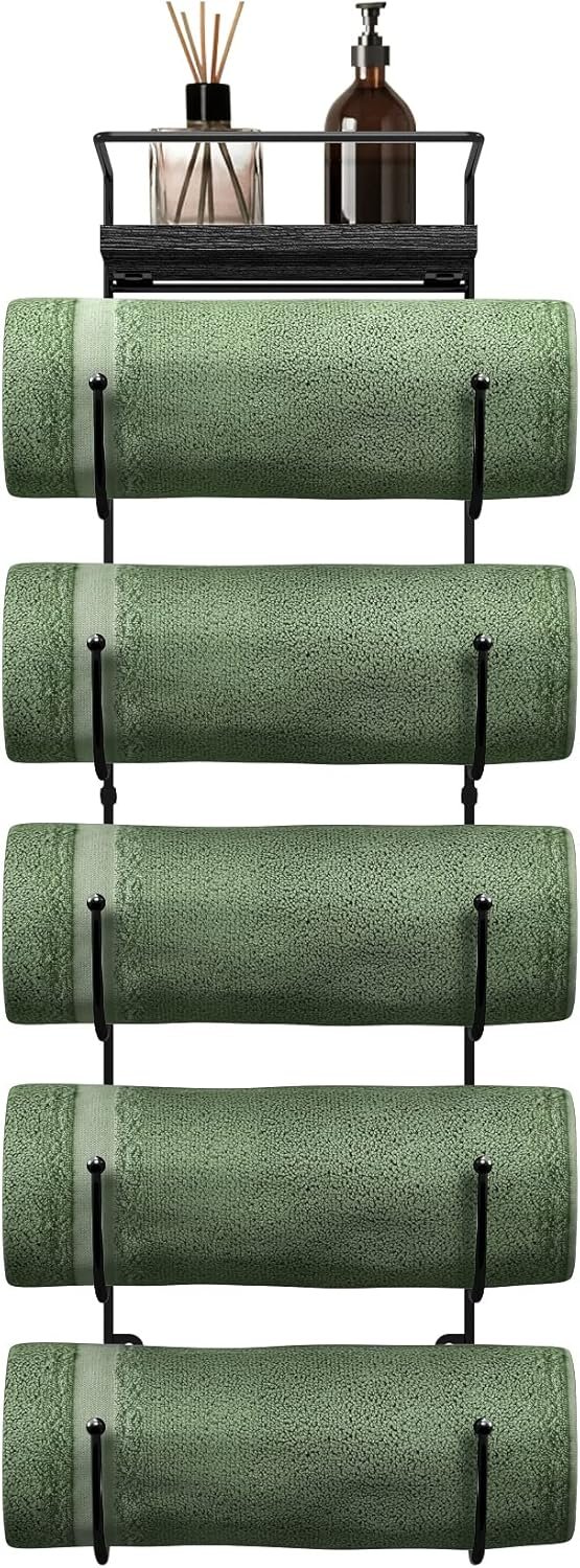 Sorbus Bathroom Towel Holder – 5 Tier Metal Towel Rack with Wood Shelf for Rolled Bath Towels, Washcloths, Linens, Hand Towels, Soaps & Accessories – Wall Mounted Towel Rack for Bathroom Towel Storage