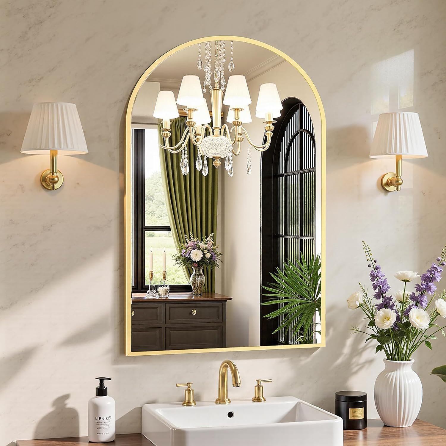 Sweetcrispy 20″x30″ Arched Gold Bathroom Mirrors for Wall, Bathroom Mirrors for Over Sink, Metal Framed with HD Shatter-Proof Glass for Entryway, Living Room, Bedroom