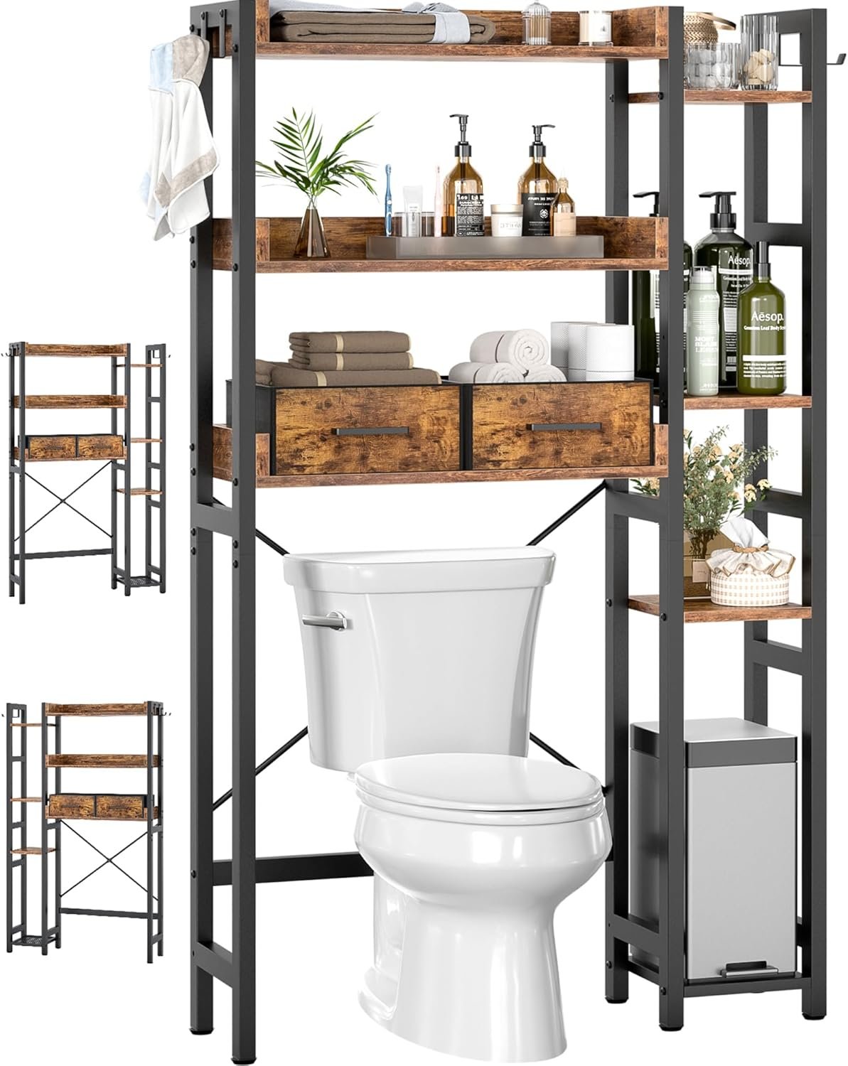 Over The Toilet Storage with 2 Drawers – 7 Tier Bathroom Organizer with Adjustable Shelf, Freestanding Space Saver Storage Rack Above Toilet Stand with 4 Hooks for Restroom, Laundry, Rustic Brown