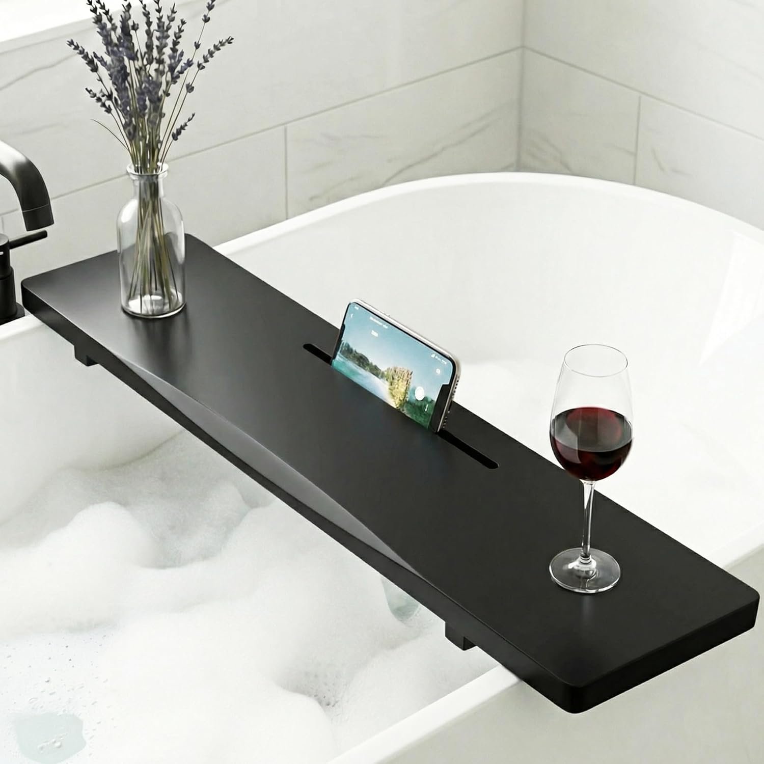 Elegant Black Bamboo Bathtub Tray Caddy for Freestanding Tub, 35″ L Adjustable Bath Tray for Tub, Luxury Spa Bathroom Tray Organizer Table, Bath Tub Accessories for Women, Housewarming, Birthday Gifts