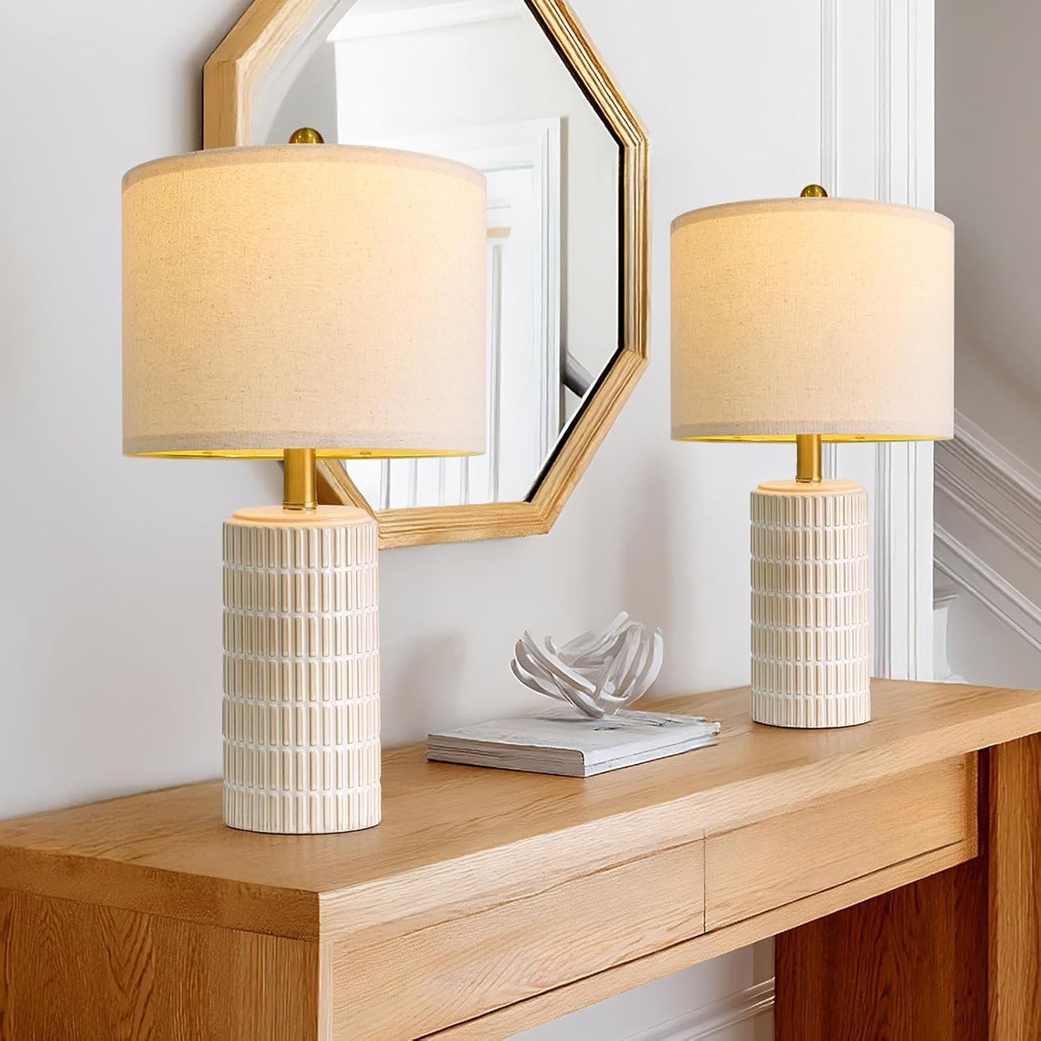 PoKat 20.75″ Small Modern Ceramic Table Lamps Set of 2 for Bedroom, White Bedside Lamps for Night Stands, Farmhouse Desk House Warming Gift Decor Nightstand Table Lamps for Living Room End Table Beige