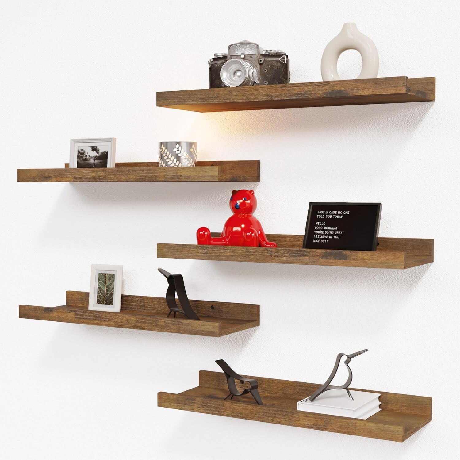 RICHER HOUSE 5 Set Floating Shelves for Wall Decor, Wall Mounted Book Shelf, Nursery Shelves Picture Ledge Shelf with Lip for Storage, Bedroom, Living Room, Bathroom – Brown