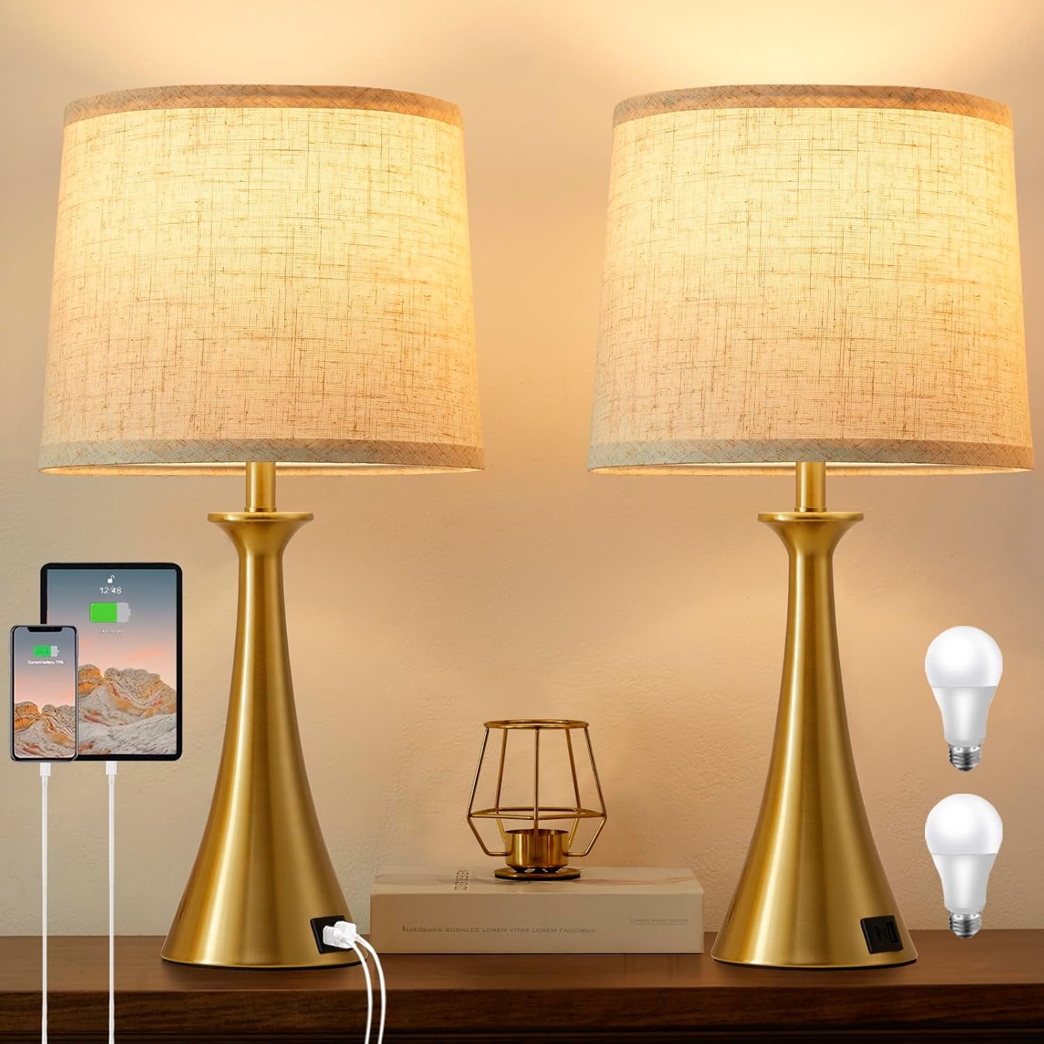Touch Lamp for Living Room Bedroom, 21″ Table Lamps Set of 2 with USB C+A Ports, Touch Bedside Lamps for Nightstand with 3 Way Dimmable, 2 LED Bulbs Included, Gold