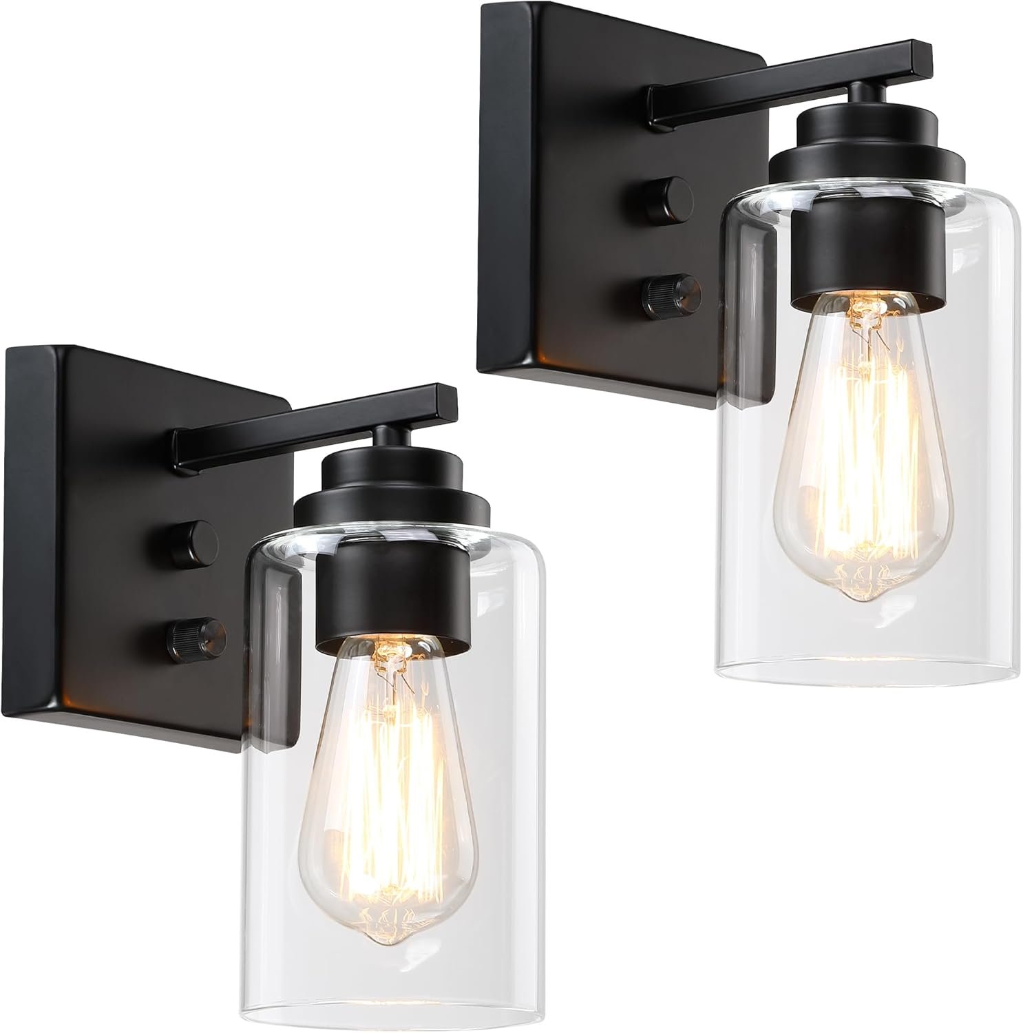 Pia Ricco Wall Sconces Set of Two, Bedside Wall Lamps with Rotary Switch for Bedroom, Modern Bathroom Light Fixtures with Clear Glass Shade, Black Sconces Wall Lights for Living Room, Hallway, Kitchen