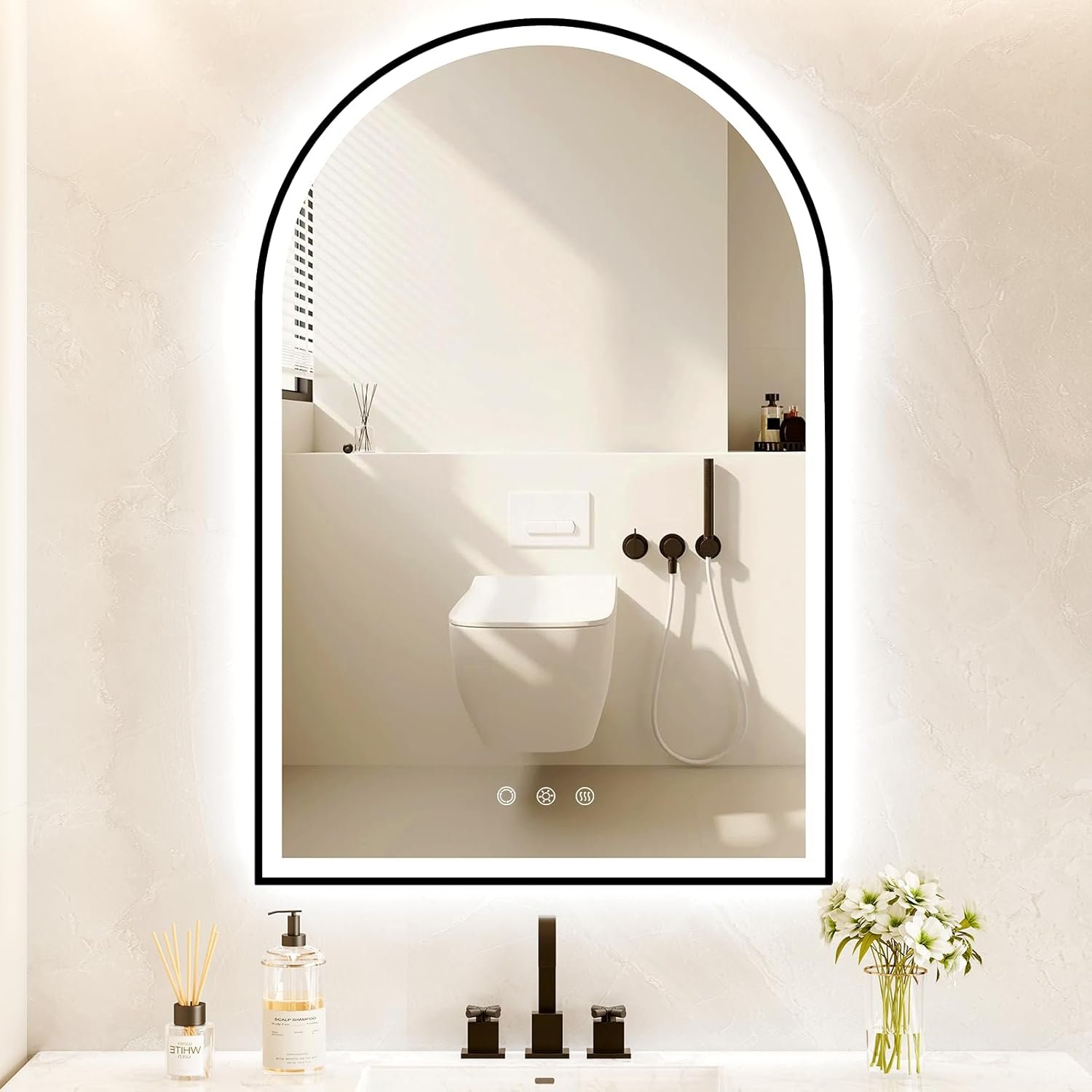 Arched LED Bathroom Mirror 24″x36″, Black Bathroom Mirror with Lights-Anti-Fog, Dimmable-LED Mirror for Bathroom,3 Colors