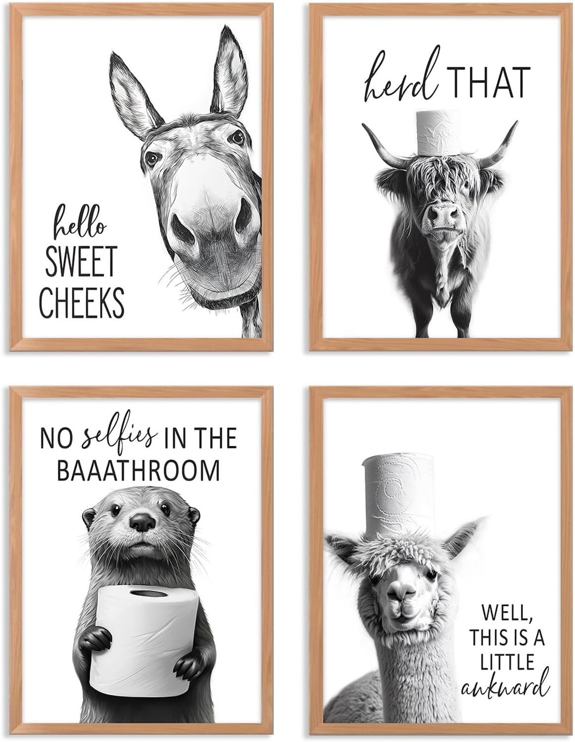 Funny Bathroom Wall Art Black and White Bathroom Signs Decor Rustic Donkey Cow Pictures Wall Decor Funny Animals Head on Tissue Paper Canvas Art Prints for Toliet Bedroom,Unframed,8x10inchx4pcs