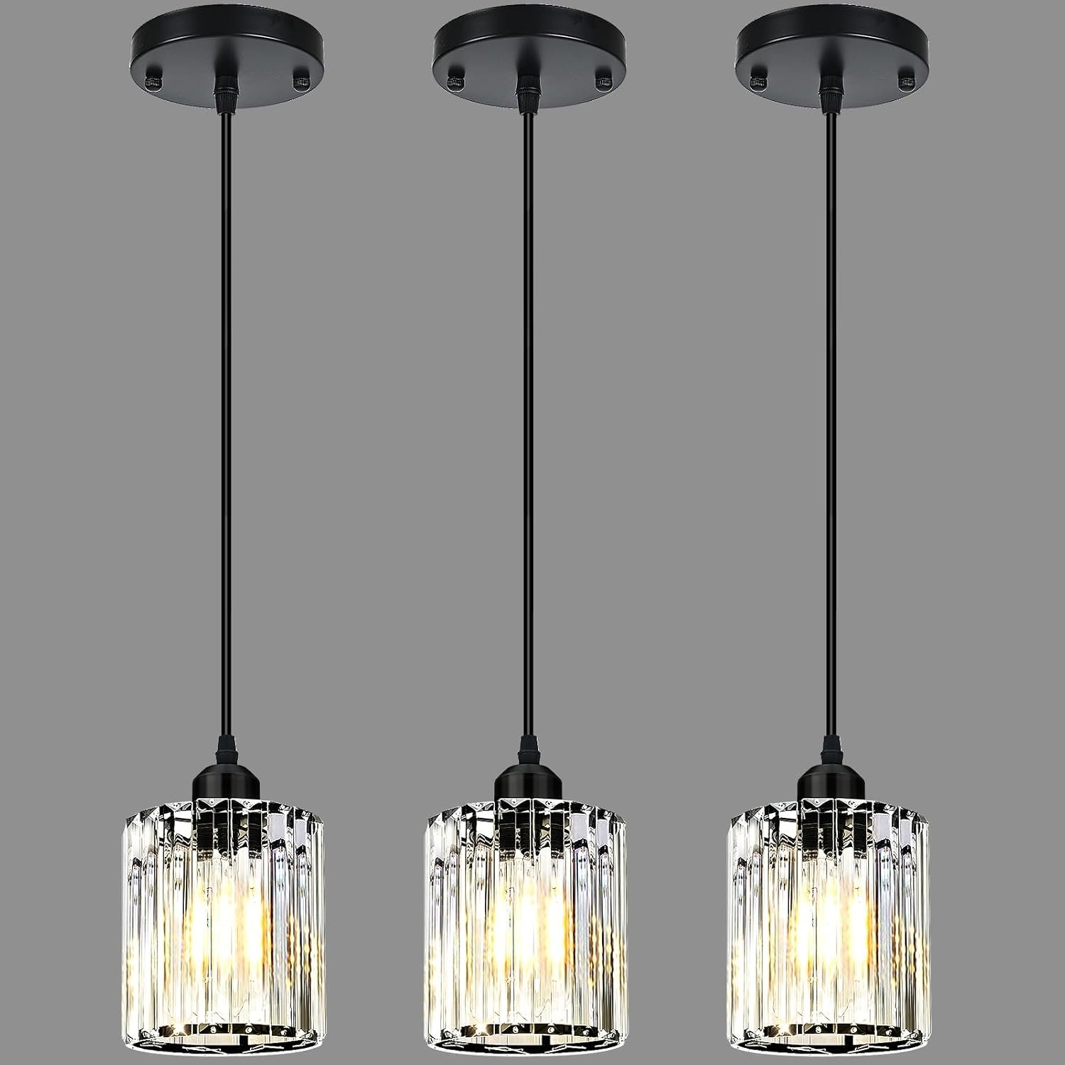 3 Pack Pendant Lights Kitchen Island, Elegant Modern Island Lights for Kitchen with Crystal Glass – Luxury Black Pendant Lights for Kitchen Island, Dining Table, Entryway, Restaurant