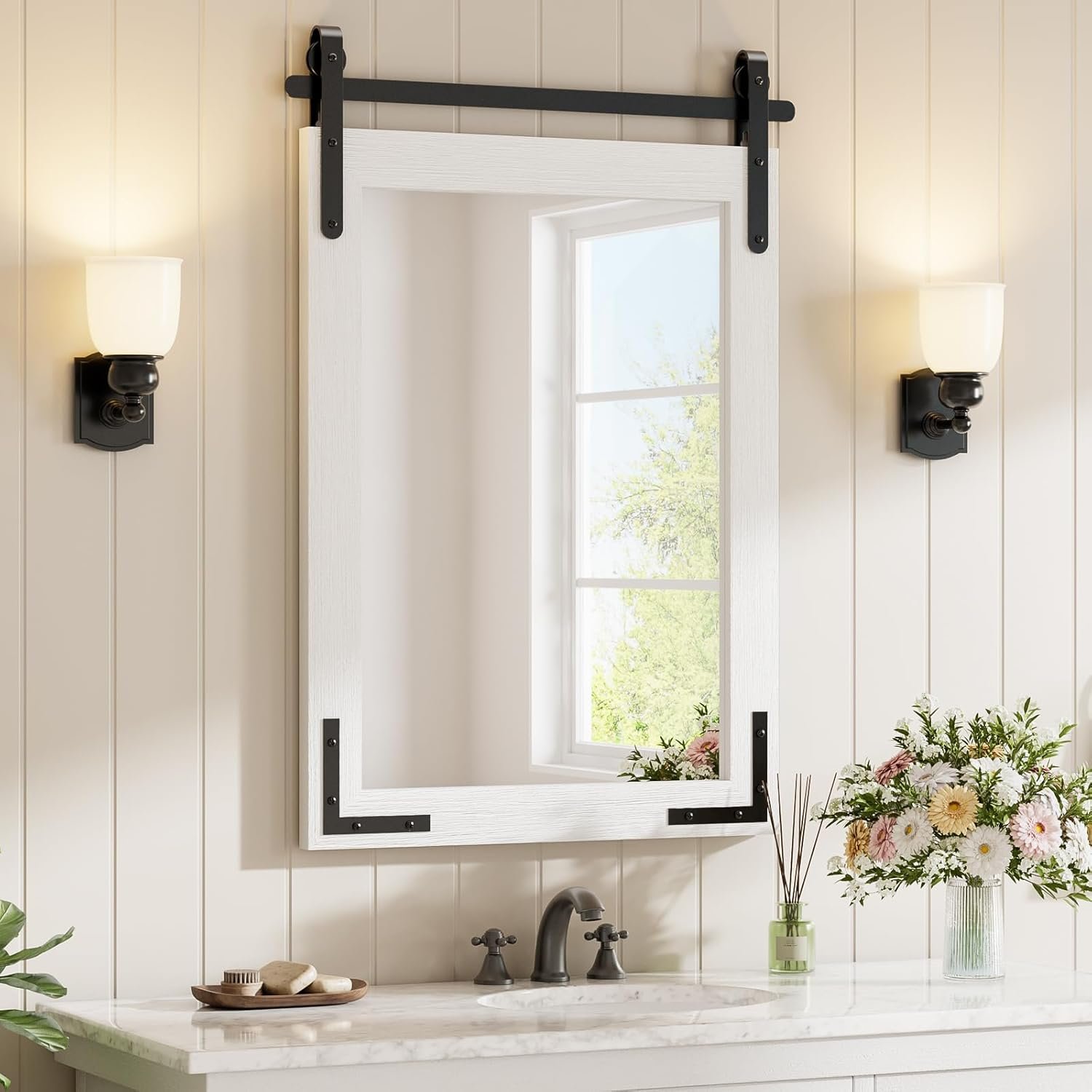 22×30 Inch White Farmhouse Barn Door Mirror with Solid Wood Frame, Shatterproof Glass, No Assembly Required – Perfect for Farmhouse Style Decor