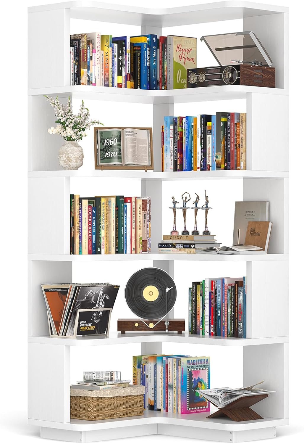 Armocity Corner Book Shelf – 6-Shelf Corner Bookshelf Etagere Bookcase with Baffle, Freestanding L Shaped Display Shelf Stand for Home Office, Living Room, Bedroom, Kitchen, White