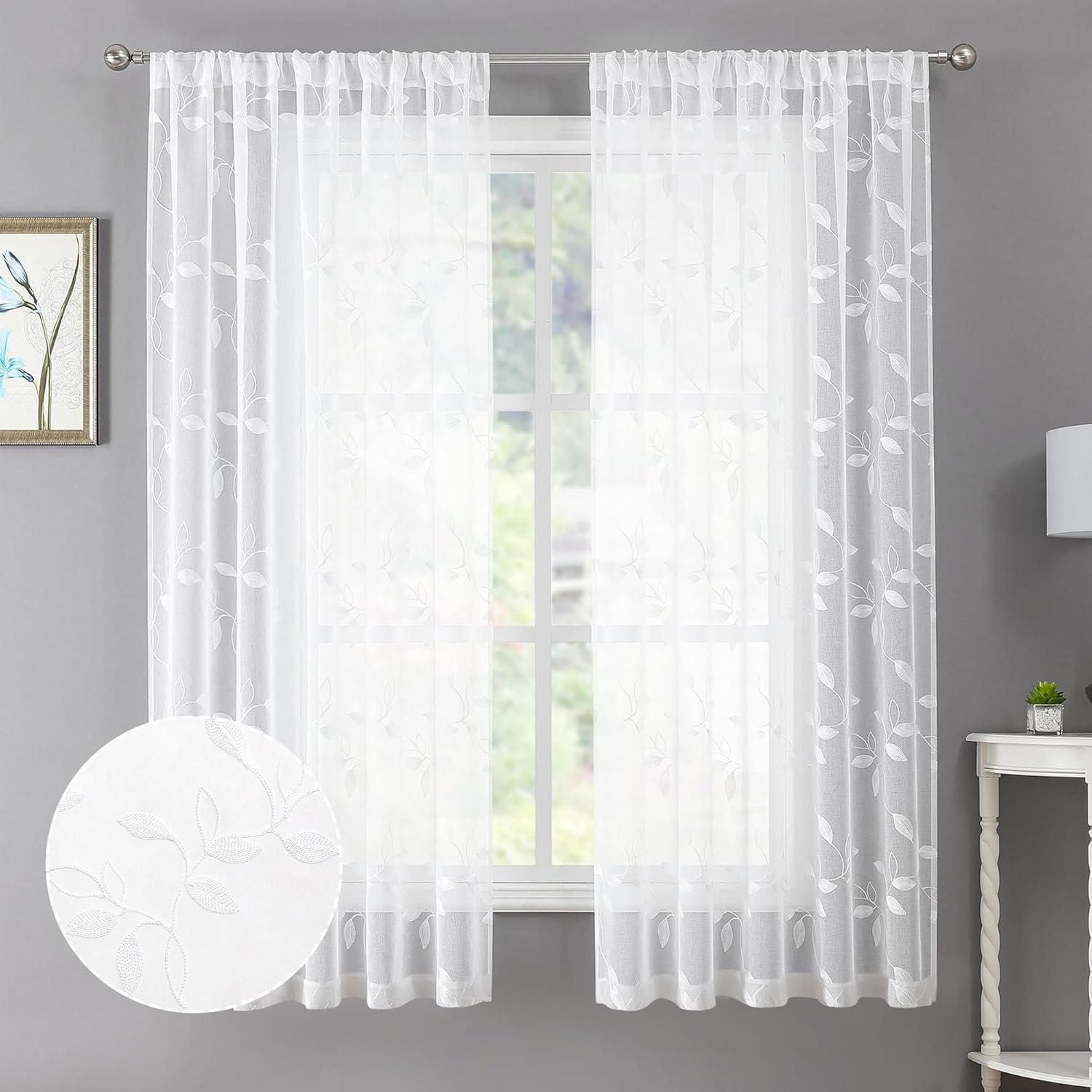 Tollpiz White Leaf Sheer Curtain Leaves Embroidered Bedroom Curtains Rod Pocket Voile Window Treatments for Living Room, 38 x 63 inches Long, Set of 2 Panels
