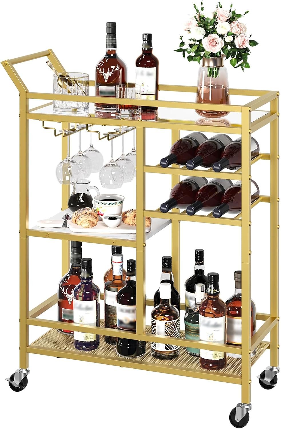 MAHANCRIS Bar Cart for Home, 3-Tier Serving Cart with Mirrored Top, Beverage Cart with Wine Rack and Glass Holder, Drink Cart with Wheels, for Dining Room, Living Room, Gold and White RCJM7101