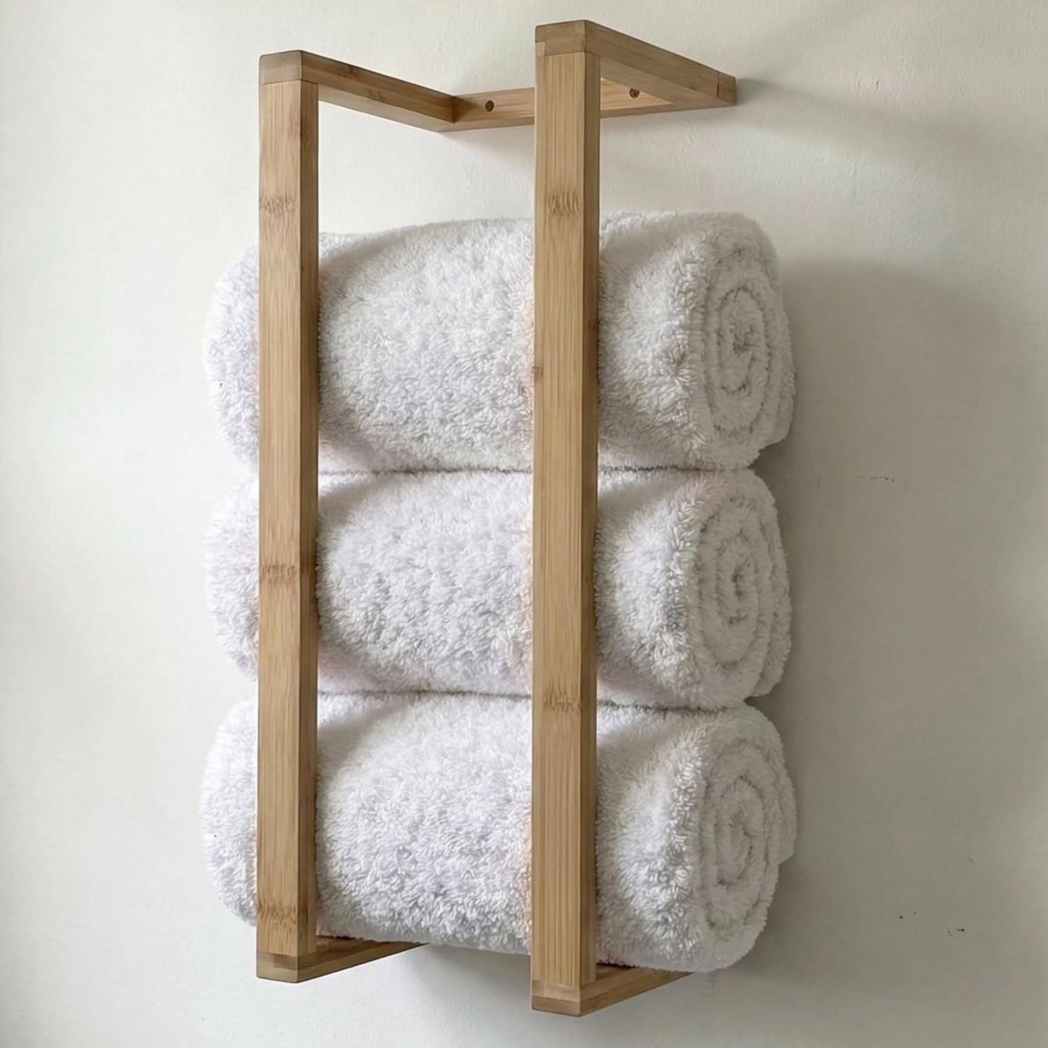 Bamboo Towel Racks – Vertical Wood Towel Rack Bamboo Bathroom Accessories, Storage, Wall Towel Rack for Rolled Towels for Bathroom Furniture, Spa Furniture and Decor (Natural, Medium)