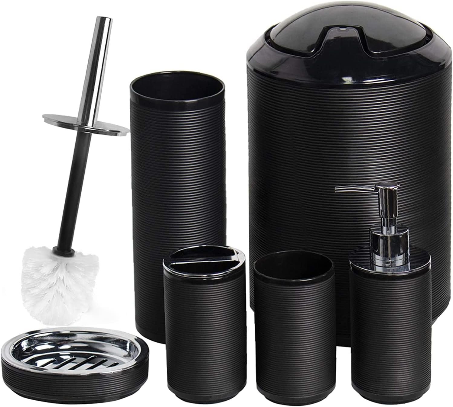 CERBIOR Bathroom Accessories Set 6 Piece Bath Ensemble Includes Soap Dispenser, Toothbrush Holder, Toothbrush Cup, Soap Dish for Decorative Countertop and Housewarming Gift, Black