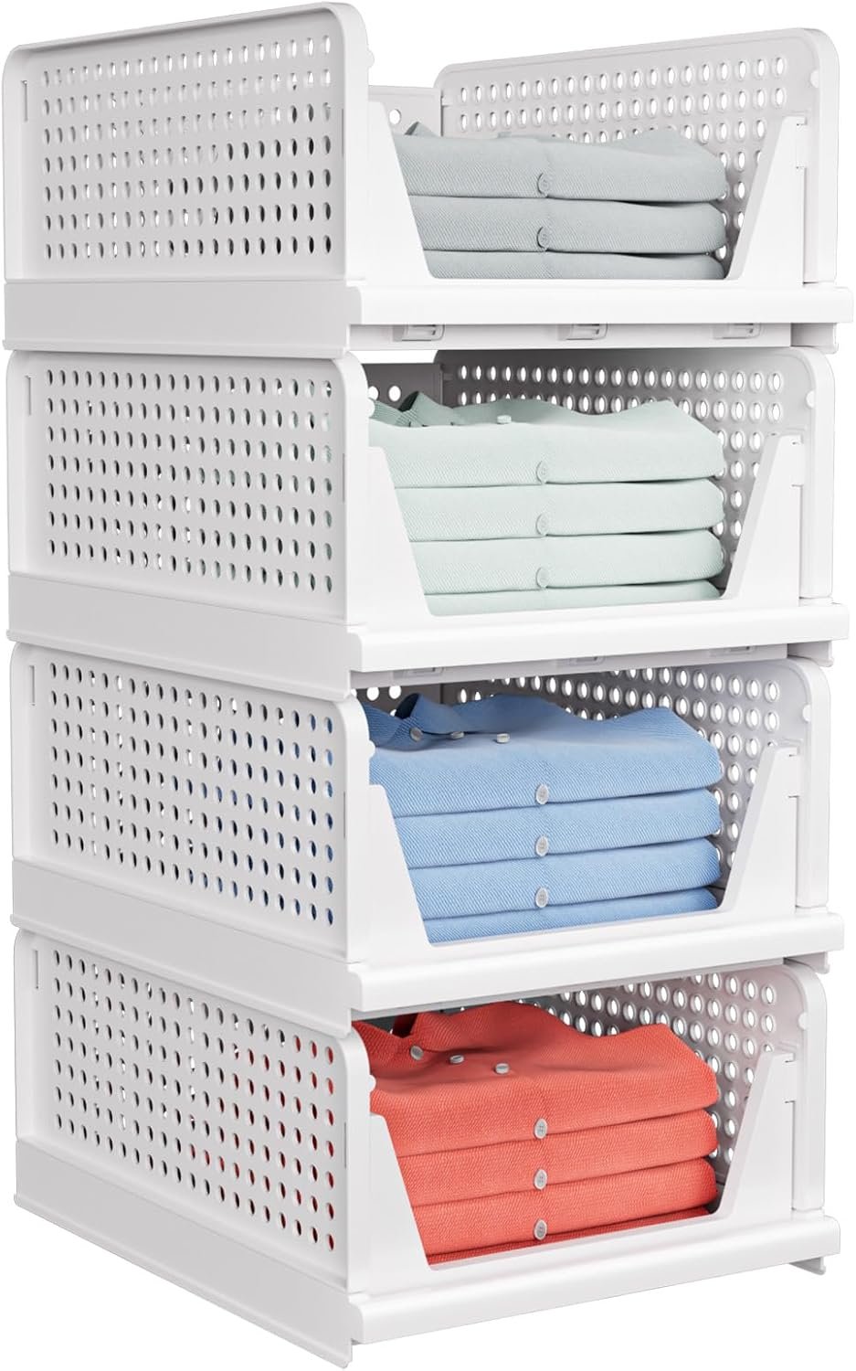 4 Pack Stackable Closet Storage Basket – Stackable Storage Bins, Multifunctional & Foldable Closet Organizer Divided, Wardrobe Cupboard Space-Saving Clothes Storage Hat Organizer, White