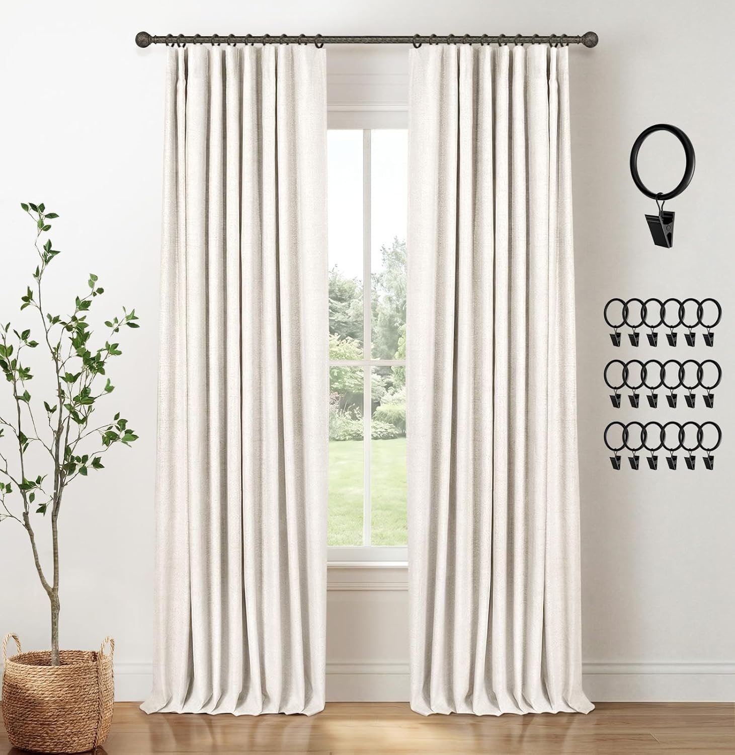 INOVADAY 100% Blackout Curtains for Bedroom, Black Out Curtains 96 Inch Long, Clip Rings Linen Blackout Drapes, Thermal Insulated Room Darkening for Living Room, 2 Panels – Beige,W50xL96