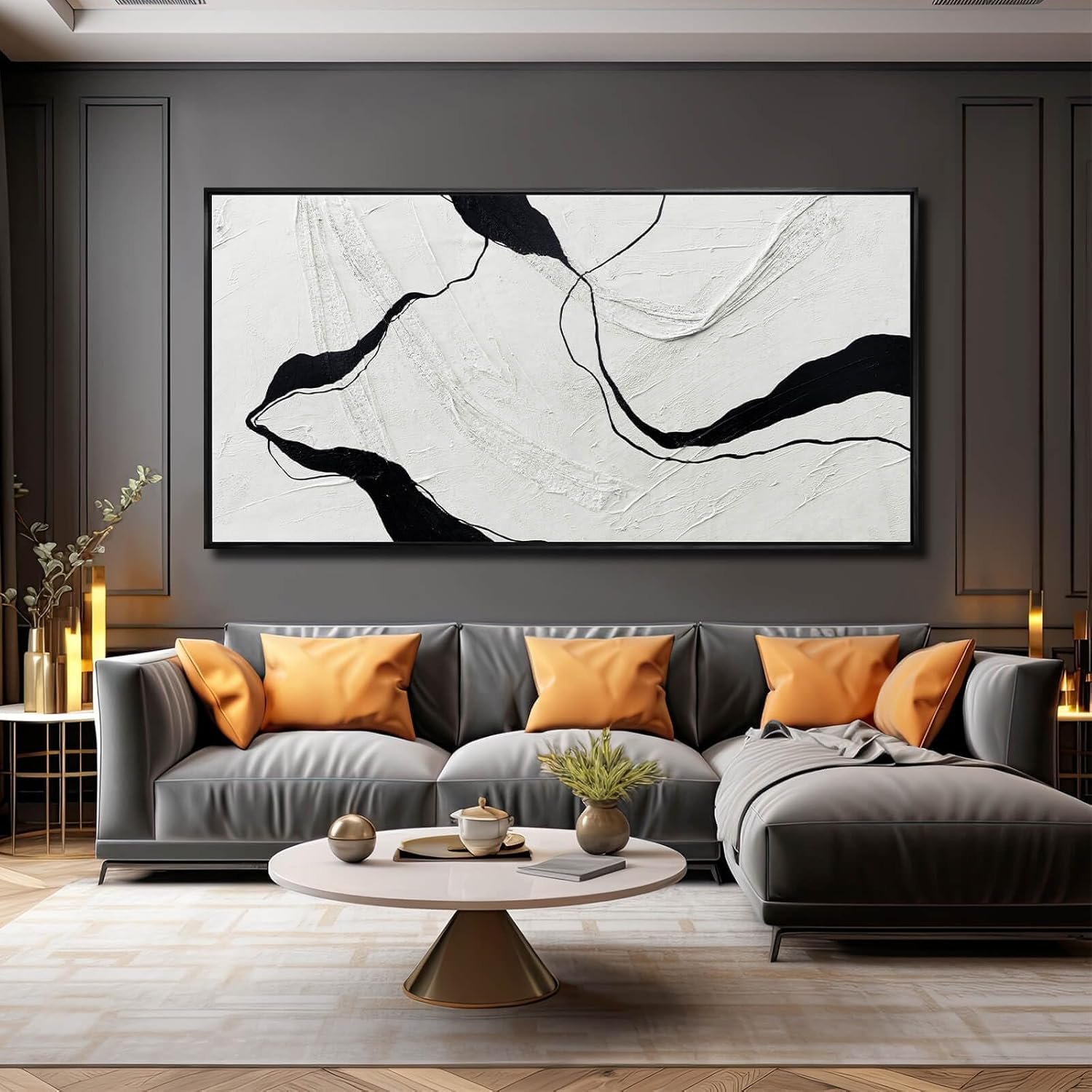 Large Framed Abstract Wall Art 29″x58″ Black and White Contemporary Line Canvas Neutral Wall Decor for Modern Living Room Office Bedroom
