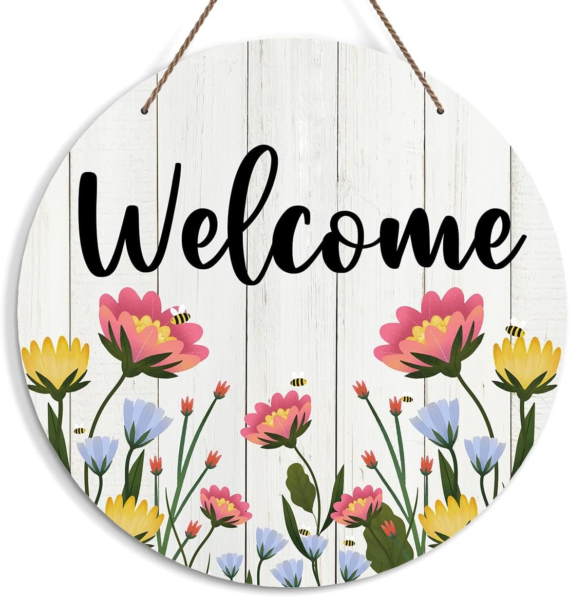 Welcome Sign for Front Door, Spring Flower Welcome Door Sign Decoration, Welcome Spring Round Decorative Wall Sign, Rustic Wooden Hanging Sign for Farmhouse Home Porch Living Room -06