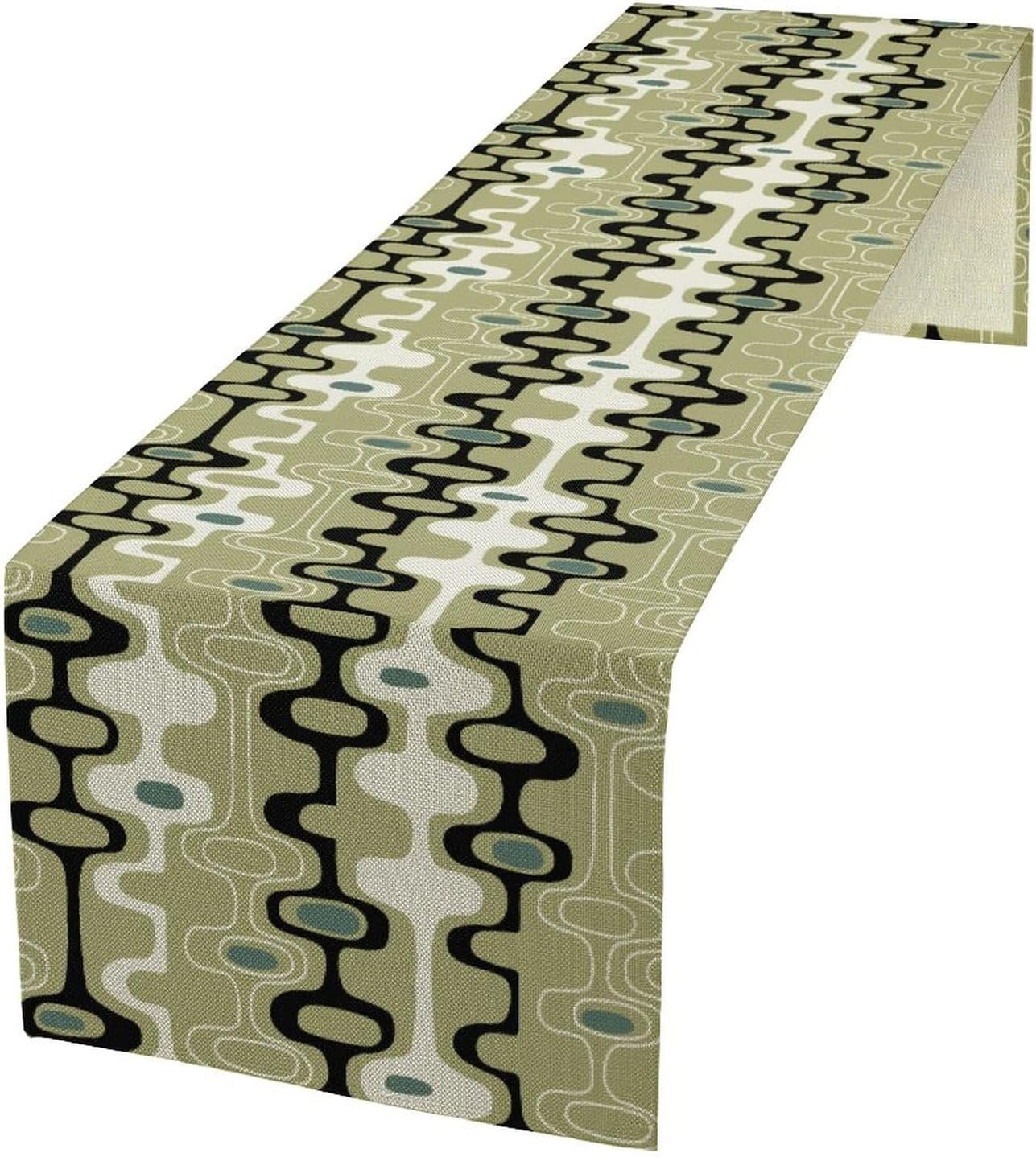 Abstract Geometric Table Runner, Mid Century Modern Organic Oval Shapes Stripes Print Table Runner for Farmhouse Kitchen Wedding Party Decor, Retro Green 13×36 Inch