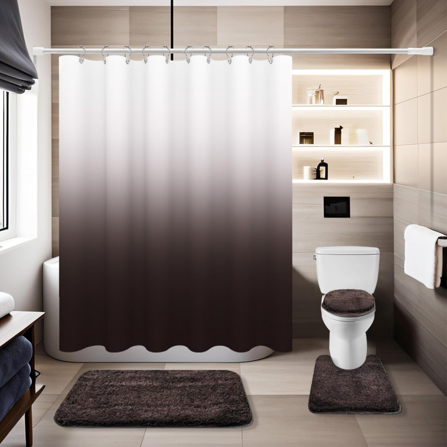 4 Pcs Brown Shower Curtain Sets with Rugs Solid Bathroom Sets with Shower Curtain and Rugs and Adjustable Toilet Lid Cover for Luxury Bathroom Decor