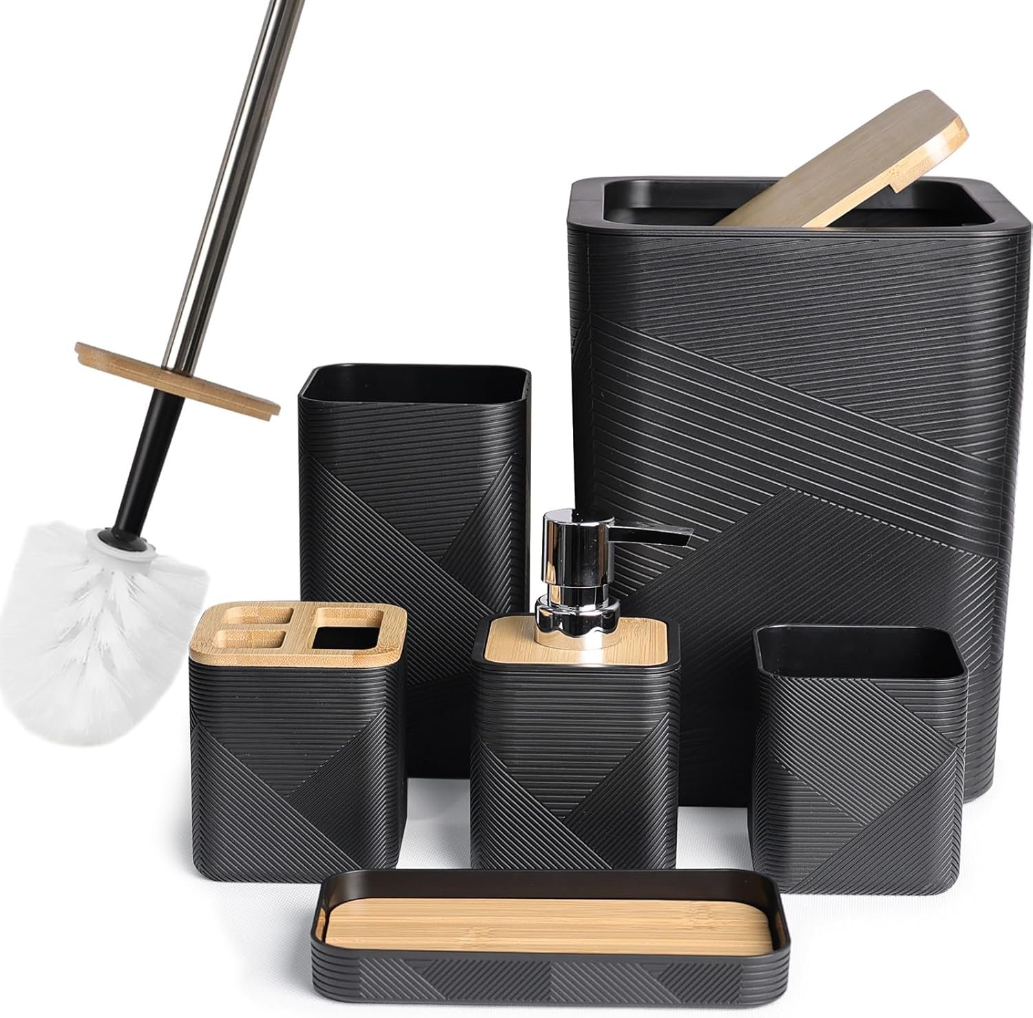 CERBIOR Bathroom Accessories Set 6 Piece Bamboo Bath Ensemble Includes Soap Dispenser, Toothbrush Holder, Toothbrush Cup, Soap Dish for Decorative Countertop and Housewarming Gift (Black)