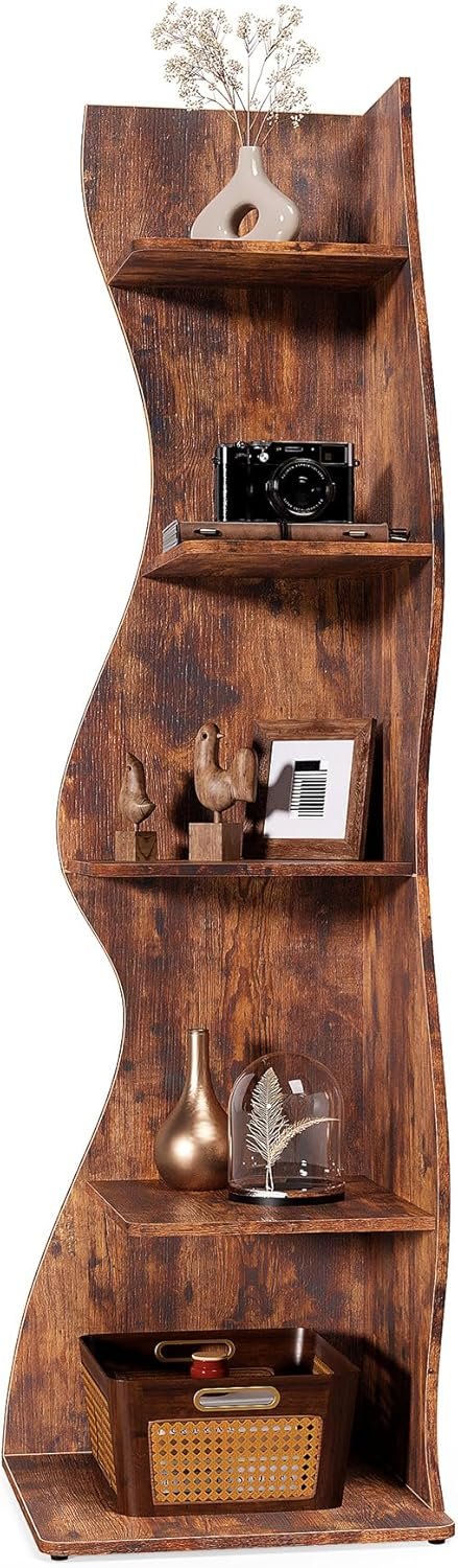 LITTLE TREE Small Corner Shelf, Modern 5-Tier Wall Corner Bookshelf, Stylish Bookcase Storage Rack for Small Space, Living Room, Bedroom