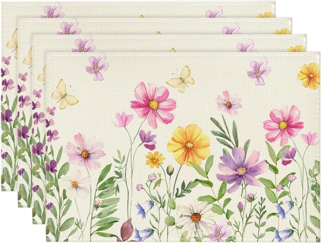 Artoid Mode Floral Butterfly Summer Placemats Set of 4, 12×18 Inch Seasonal Spring Placemats for Party Kitchen Dining Summer Decoration
