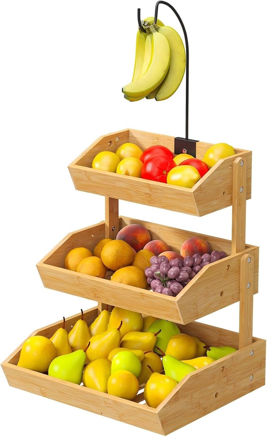 3-Tier Fruit Basket with Banana Holder – Fruit Bowl for Kitchen Counter, Wooden Kitchen Organiser for Fruit, Produce & Snacks, Banana Hook