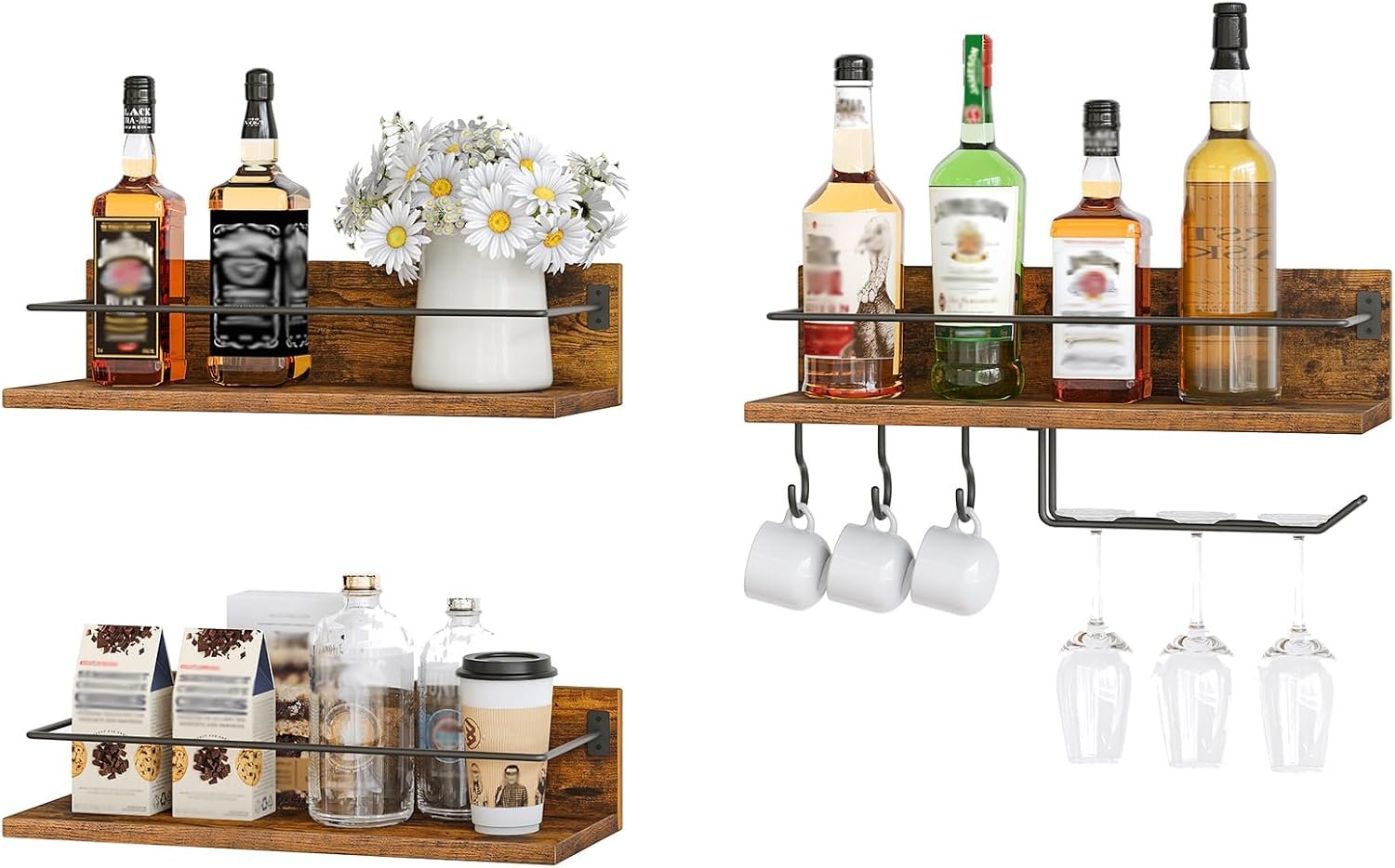HOOBRO Wall Mounted Wine Rack 3 Pack, Wine Shelf Hanging Floating Wall Shelves, Wine Glass Bottle Rack Stemware Holder, for Living Room, Dining Room, Kitchen, Rustic Brown and Black BF33BJ01