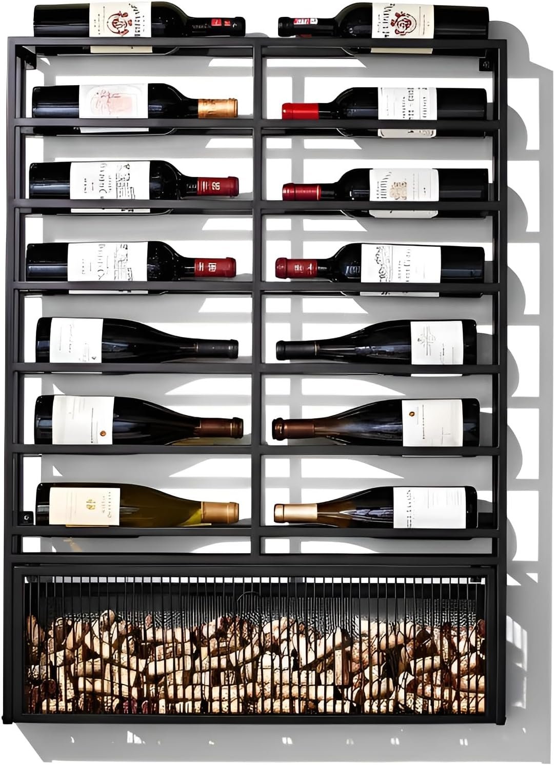 Wine Enthusiast 14-Bottle Gallery Wall Wine Rack with Cork Catcher – Black Powder-Coated Iron Label-Forward Display for 750 mL Bottles, Wall Mounted Bar & Dining Room Décor