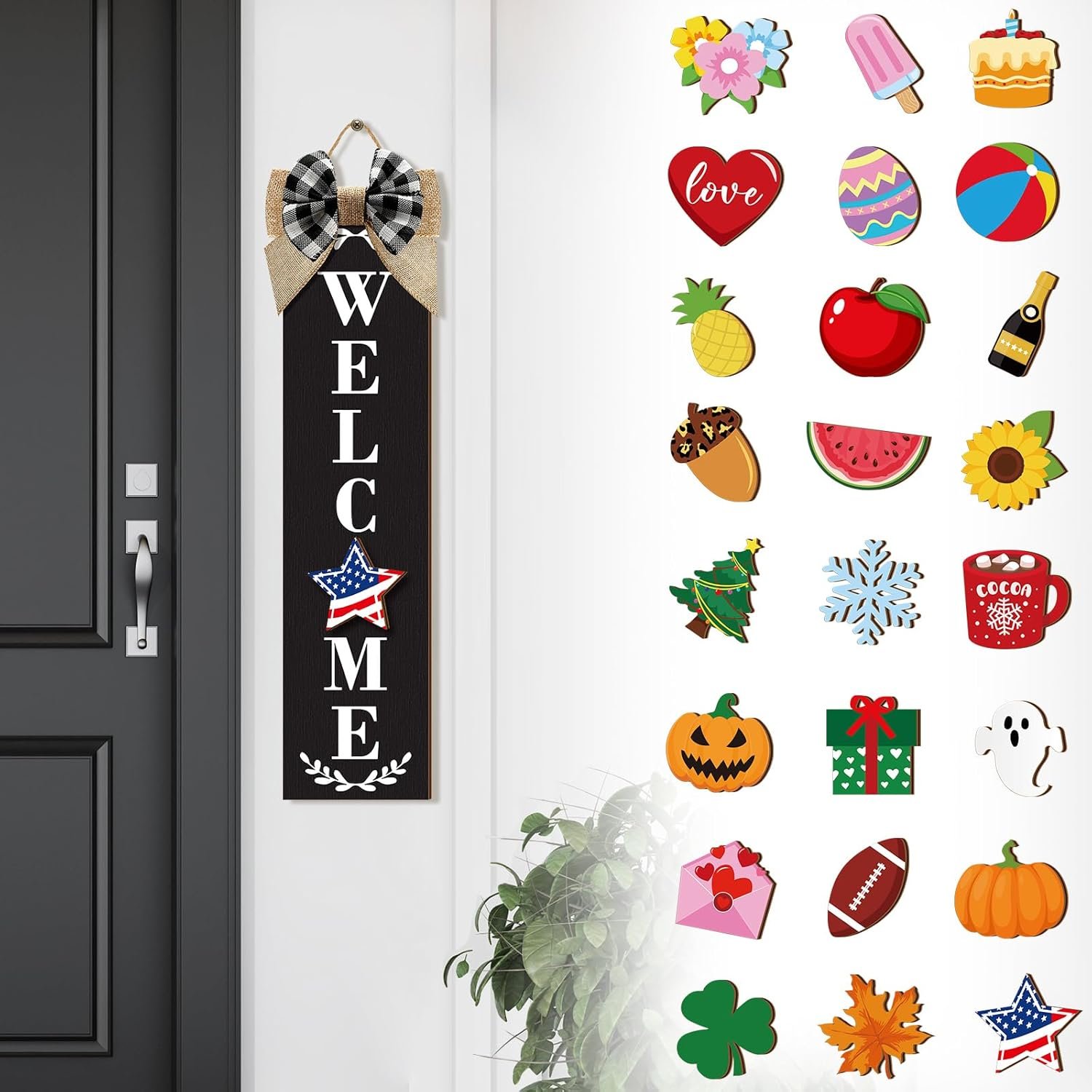 Sintuff Holiday Interchangeable Welcome Sign for Front Door Wood Porch Sign with 24 Pcs Seasonal Icons Home Farmhouse Holiday Welcome Outdoor Festival Seasonal Decoration (Black,Vintage)