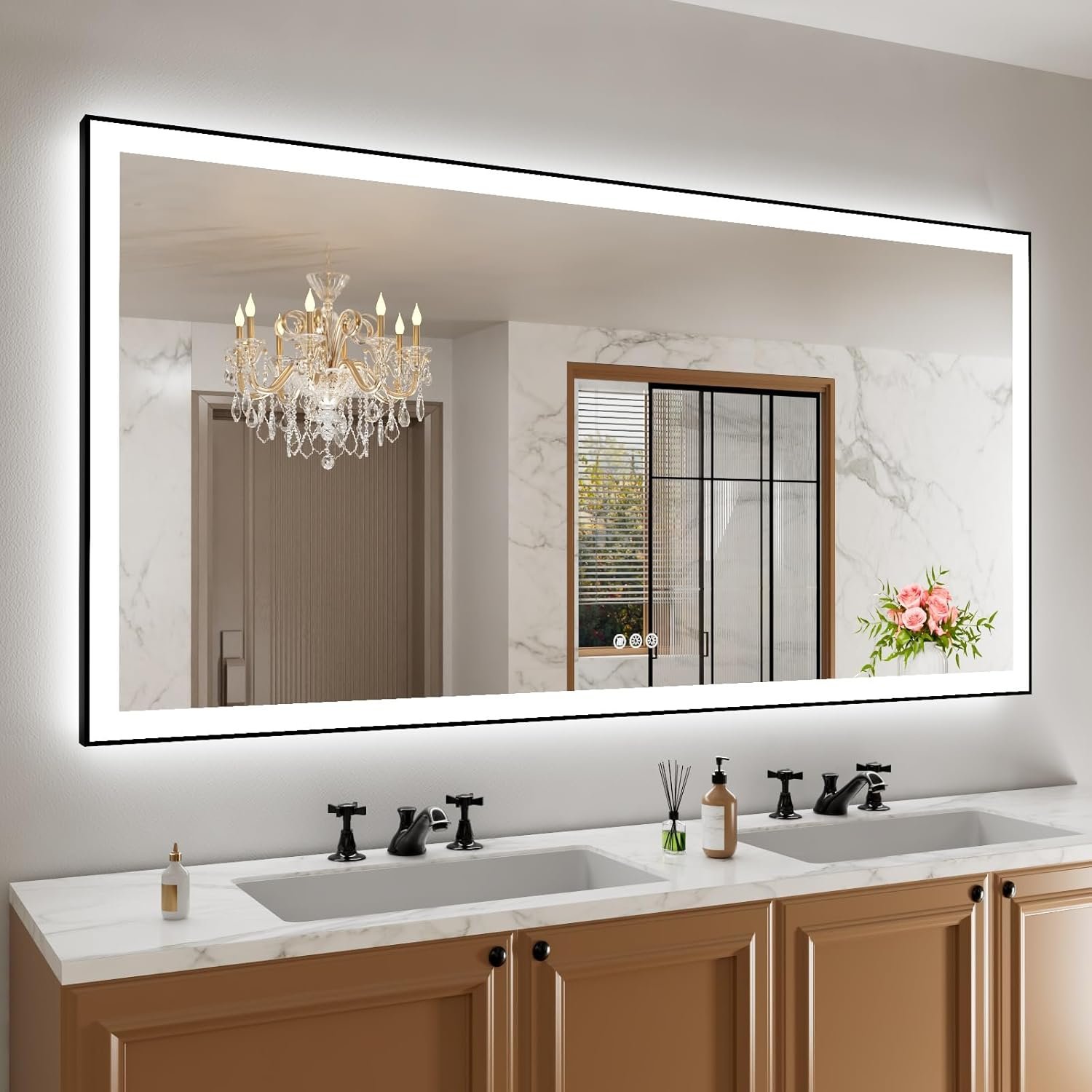 Amorho 72″x 32″ LED Bathroom Mirror with Black Frame, Front Light and Backlit(Controlled Separately), Stepless Dimmable, Anti-Fog, Shatter-Proof, 3 Colors, Memory