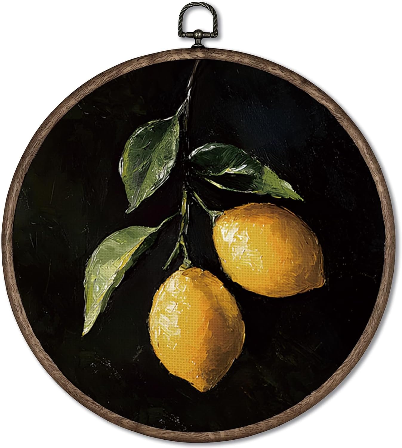 GWFSJYU Vintage Lemon Framed Wall Art, Lemon Kitchen Decor, Dark Lemons Round Canvas Prints Wall Art, Lemons Wall Hanging Decor for Kitchen Bedroom Gallery, 10x10inch