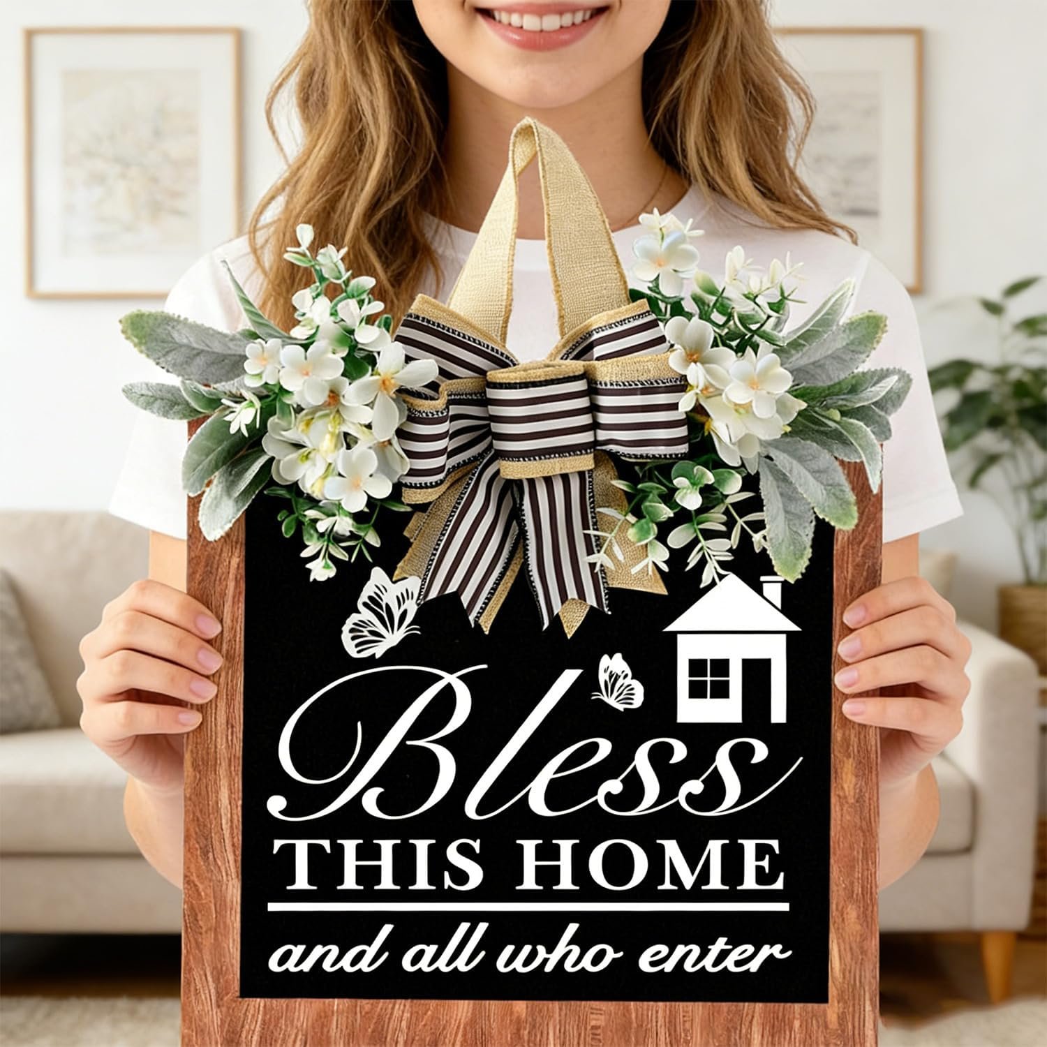 14” Bless This Home and All Who Enter Wooden Door Sign – Welcome Wreaths for Front Door Rustic Bless This House Outdoor sign for Front Door, Housewarming Gift for Front Door Entryway Kitchen Garden and Porch All Seasons
