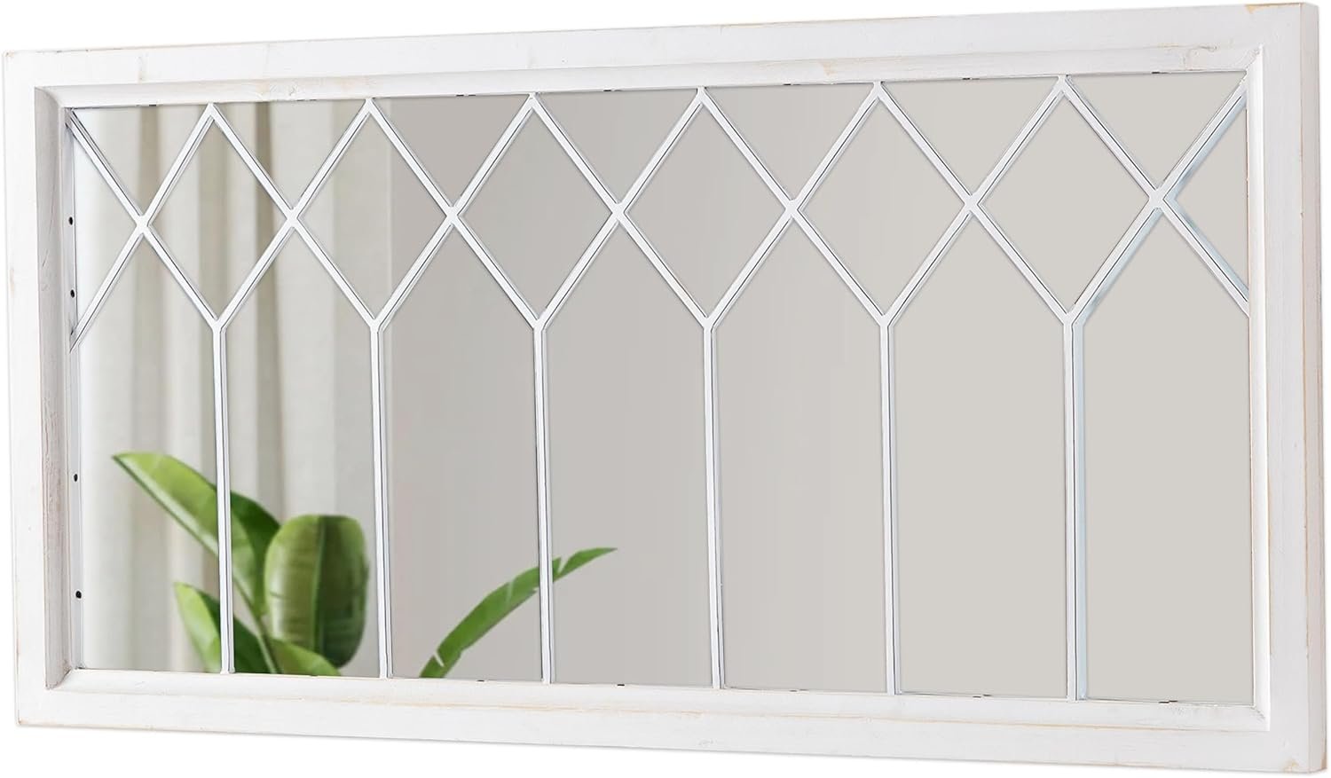 Rectangular Window Mirrors for Wall Decor 20 X 40 Inch, Distressed White Farmhouse Wooden Window Pane Mirror for Living Room, Rustic Horizontal Long Mirrors for Hallway Entryway