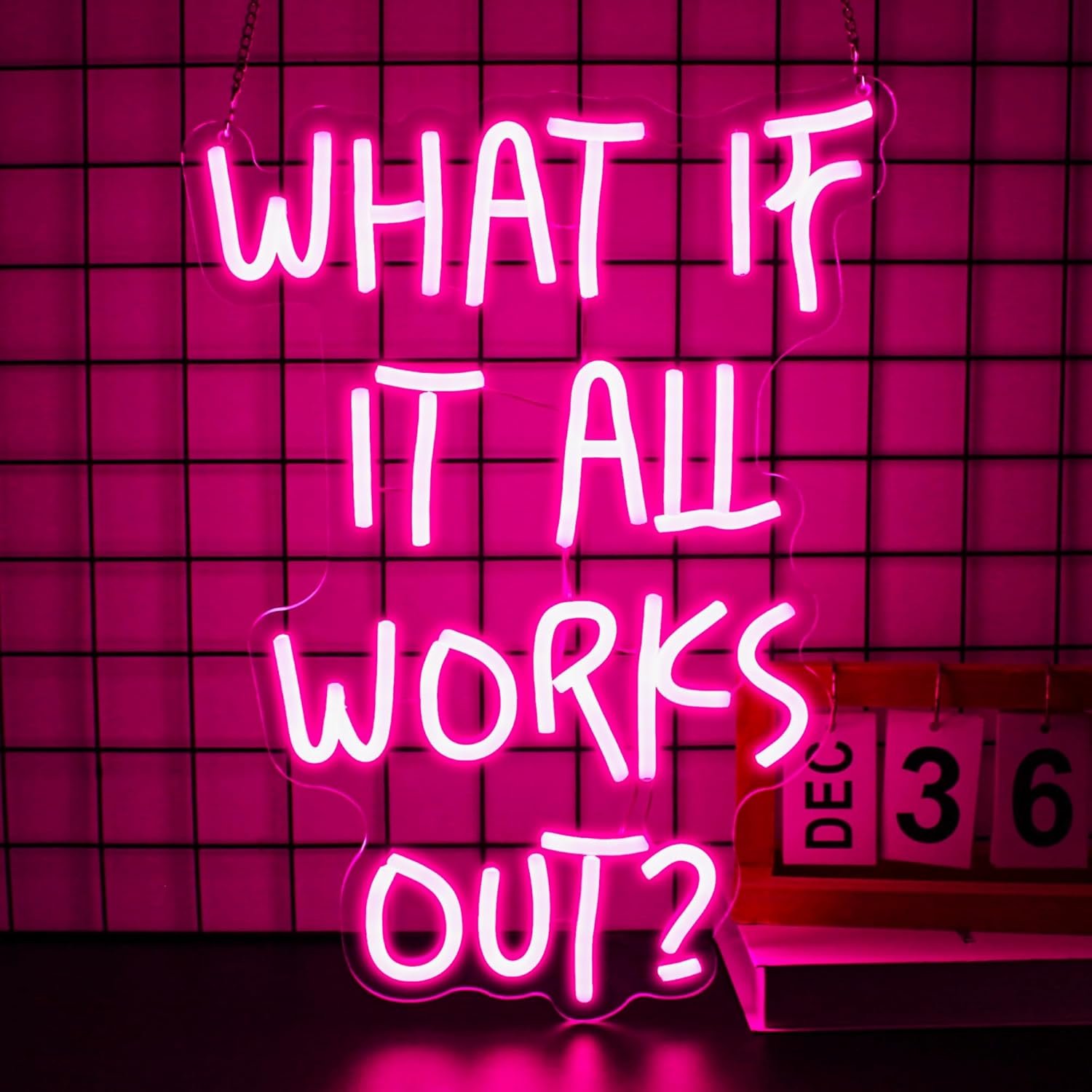 Neon Sign, What If It All Works Out Neon Signs for Wall Decor – Pink Motivational LED Light for Home, Office, Room – USB Powered Light Up Sign Decorations
