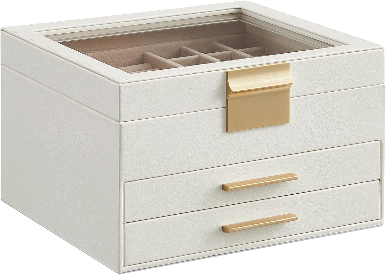 SONGMICS GISELLA Collection – Jewelry Box Organizer, 3-Layer Jewelry Storage with 2 Drawers, Shiny Metal Hardware, Glass Lid, Modern, 8 x 9.1 x 5.3 Inches, Cloud White and Gold Color UJBC239WT