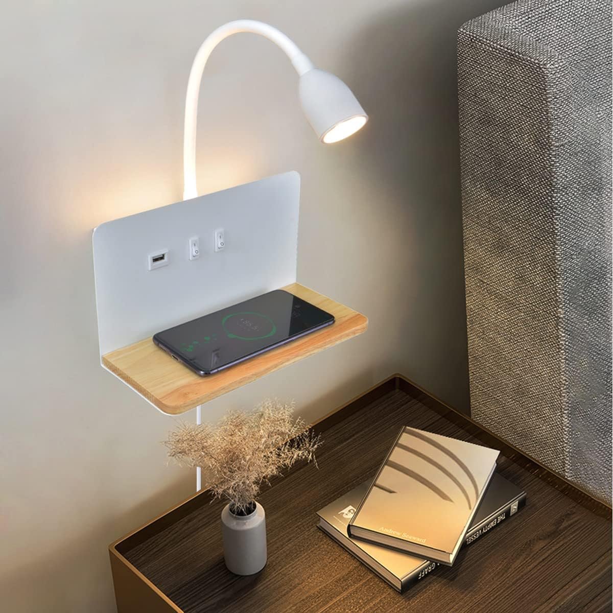 Bedside Wall Sconces with Wireless Charging Station & USB Charging, 3 Adjustable Color Temperatures LED Reading light, 3000K Warm Ambient lighting Wall Mounted Sconce for Bedroom, Plug-in or Hardwired