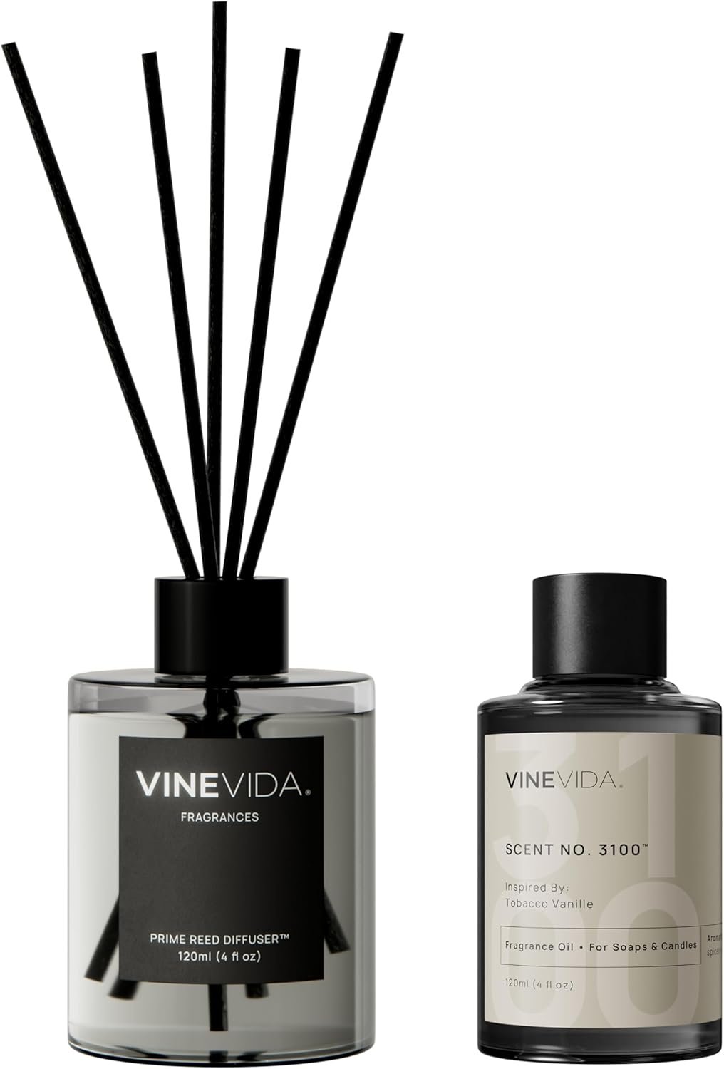 VINEVIDA Prime Reed Diffuser for Home & Bathroom | Long-Lasting Scent Sticks Set | Oil Stick Diffuser | Bathroom Scent – Room Fragrance No. 3100 – Inspired by: Tobacco and Vanilla