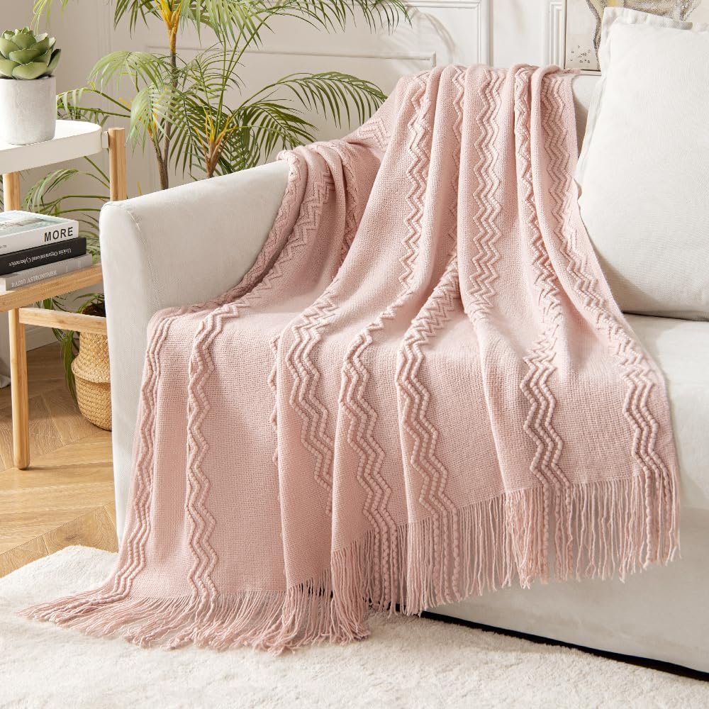 MIULEE Light Pink Knitted Throw Blanket for Couch Bed, Boho Textured Cozy Woven Decorative Farmhouse Blanket with Tassels for Sofa Chair Living Room 50″x60″