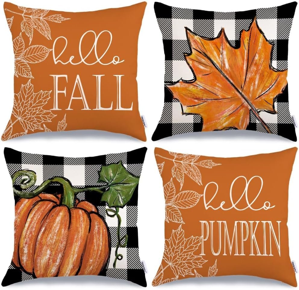 GEEORY Fall Pillow Covers 18×18 Set of 4, Buffalo Plaid Pumpkin and Maple Leaves Autumn Decorative Throw Pillows Farmhouse Decor Thanksgiving Decorations Cushion Case for Sofa