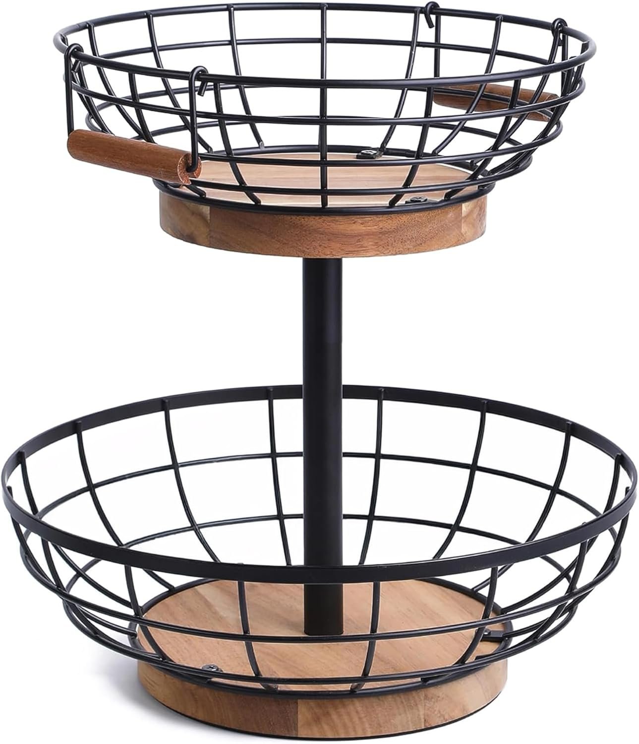 2 Tier Fruit Basket with Banana Hanger, Metal Fruit Bowl Stand with Wooden Base, Kitchen Counter Fruit Organizer for Vegetables, Bread, Snacks Storage Basket