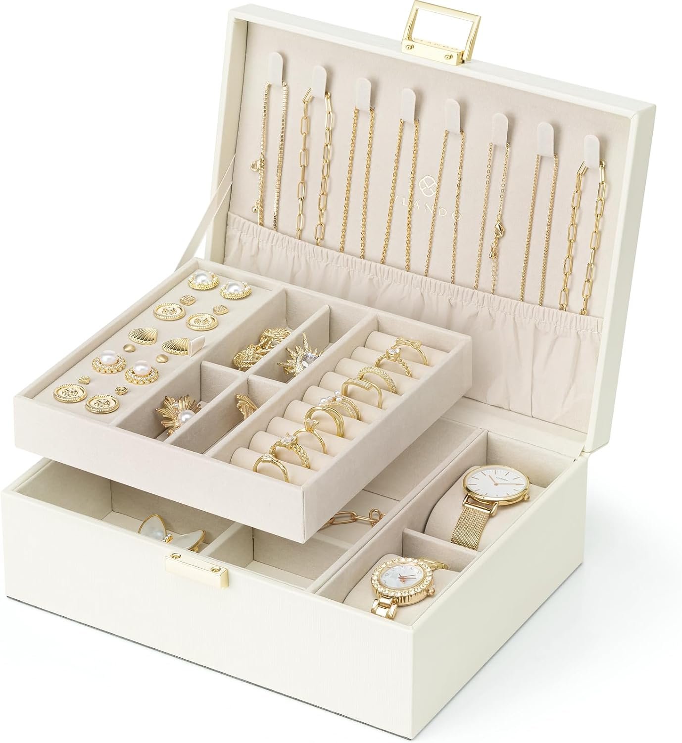 VLANDO Jewelry Organizer,2 Layer Jewelry Box Large Jewelry Organizer for Women Removable Jewelery Tray with Watch Pillow for Necklace Earrings Rings Bracelets(Cream White)