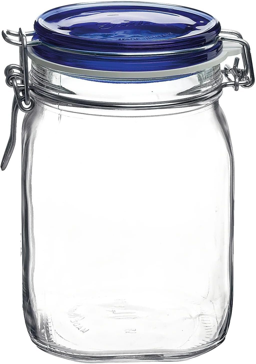 Bormioli Rocco Fido Square Jaw with Blue Lid, 33-3/4-Ounce, 33.75 Ounce, Clear