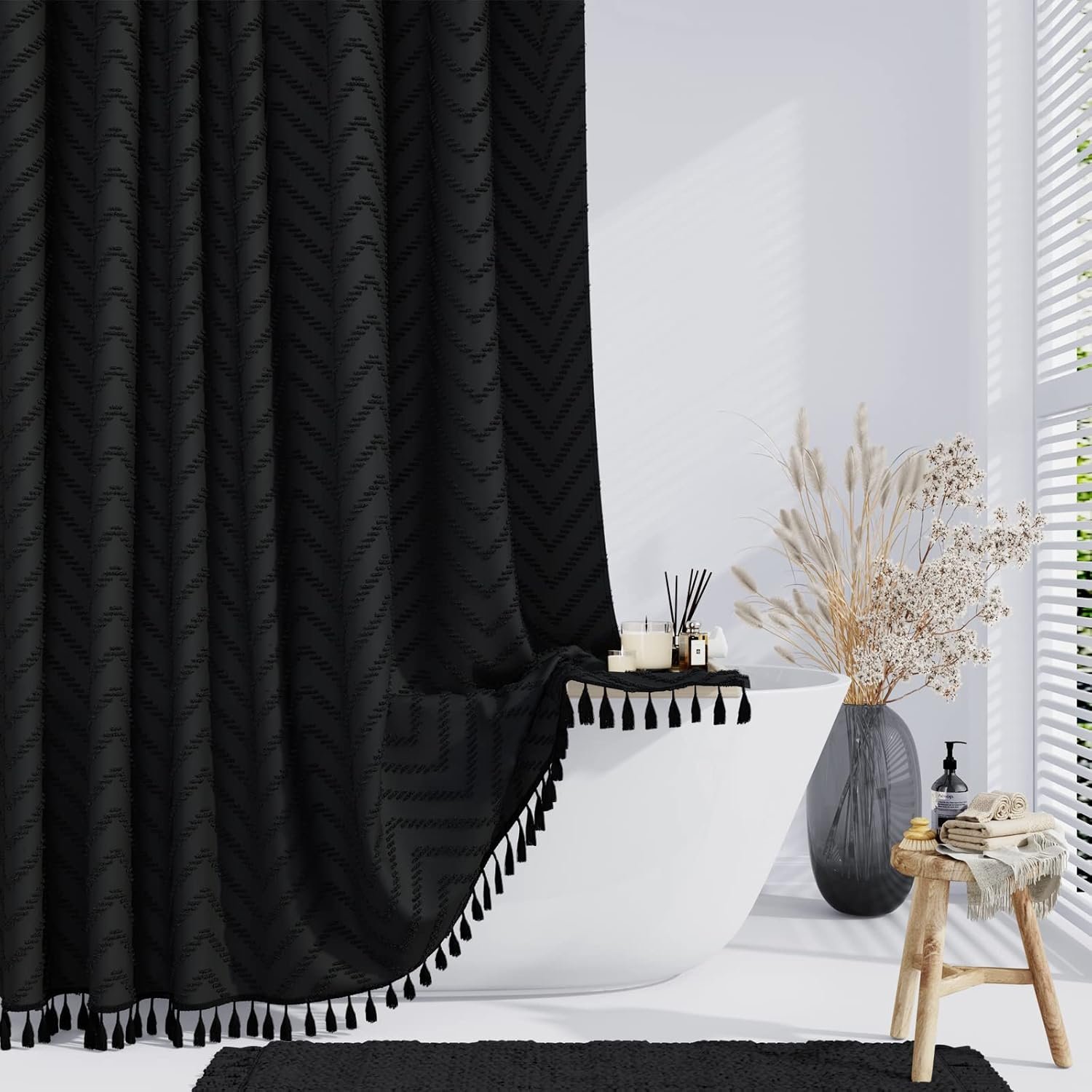 Dynamene Boho Farmhouse Shower Curtain, Black Fabric Tufted Chevron Striped Textured Tassel Shower Curtains for Bathroom, Water Repellent, Minimalist Ruffled Cloth Shower Curtain Set with Hook, 72×72